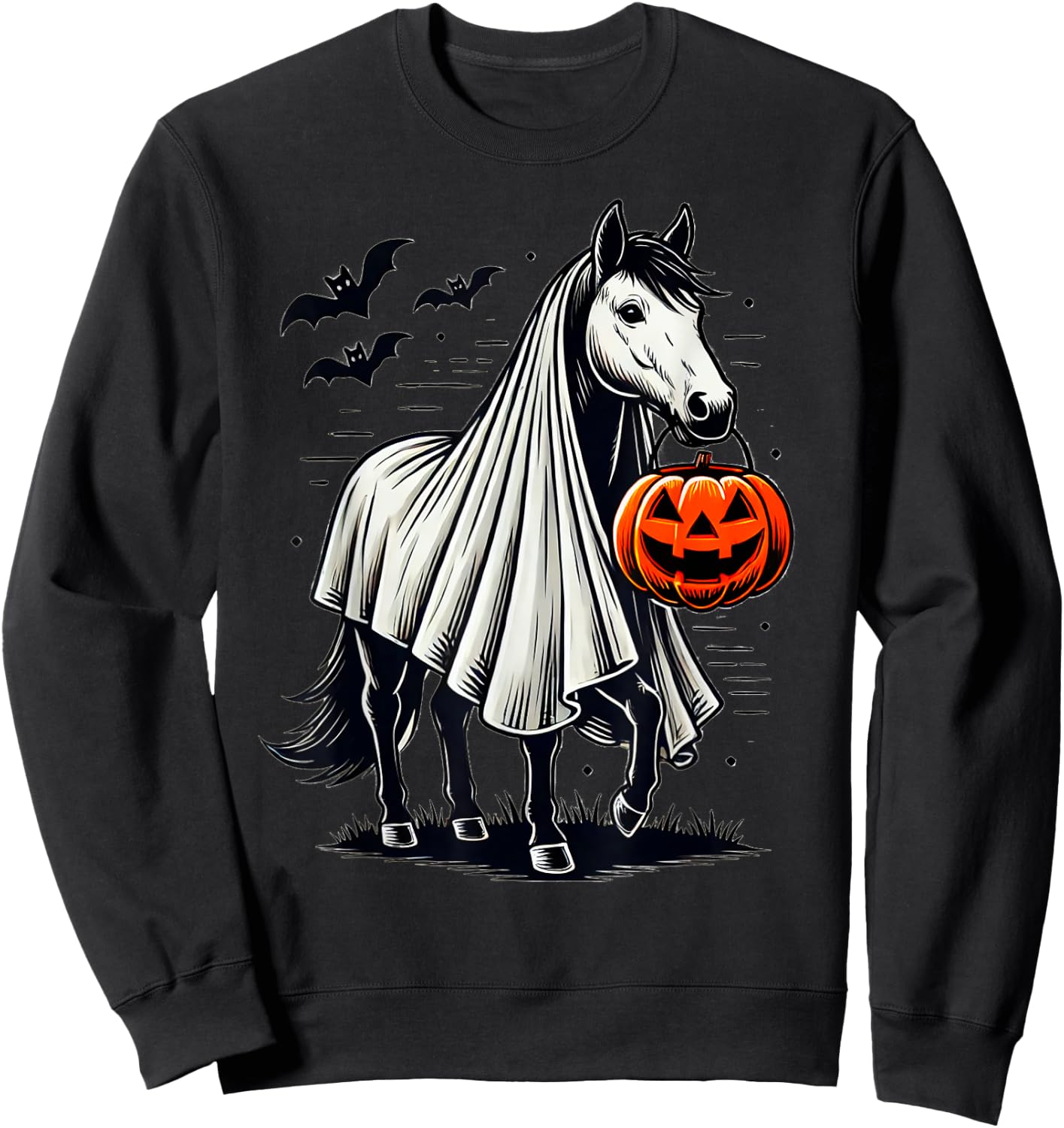 Halloween Horse With Pumpkin Ghost Costume Rider Riding Sweatshirt - Sweatshirt | Black