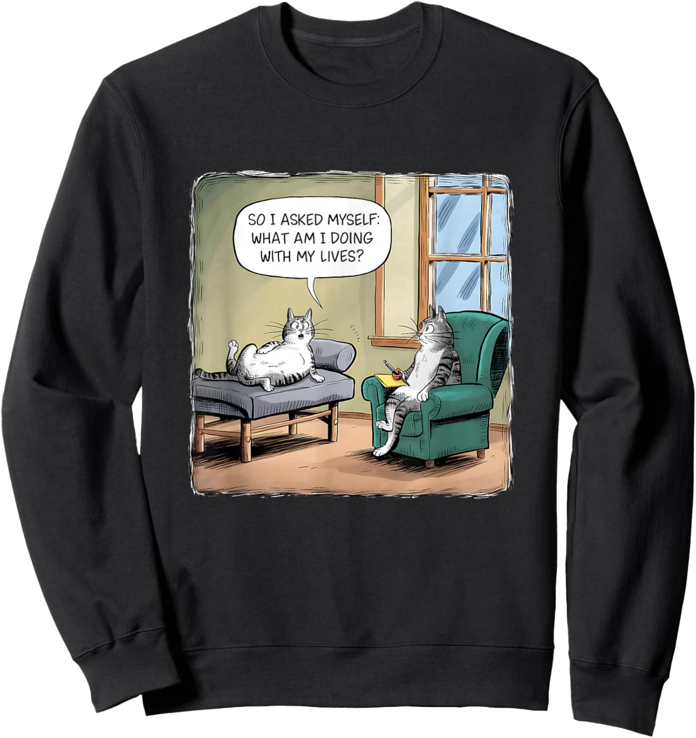 What Am I Doing With My Lives - Funny Midlife Crisis Cat Sweatshirt - Sweatshirt | Black