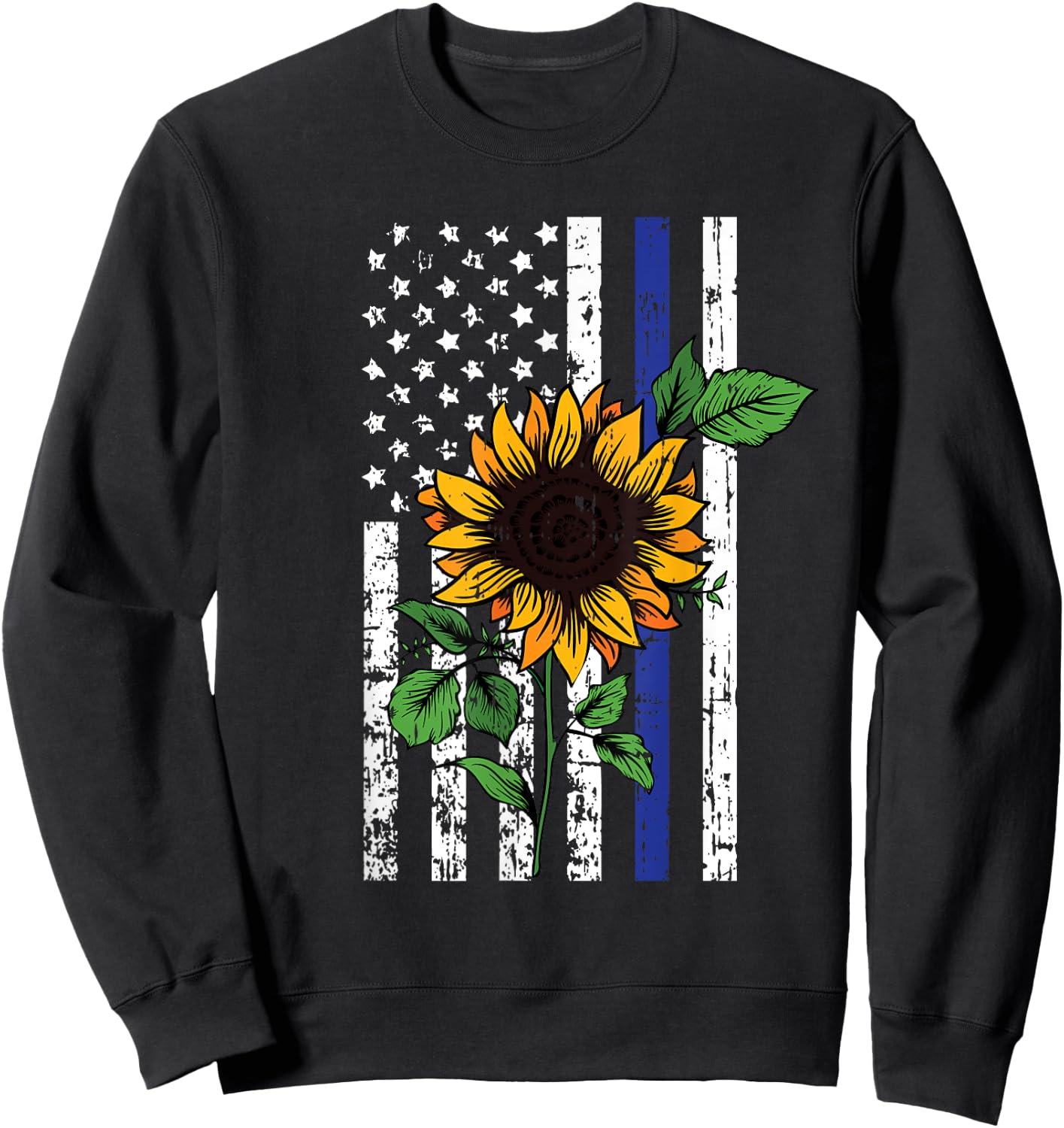 American Flag Sunflower Blue Thin Line Police Patriotic Gift Sweatshirt - Sweatshirt | Black