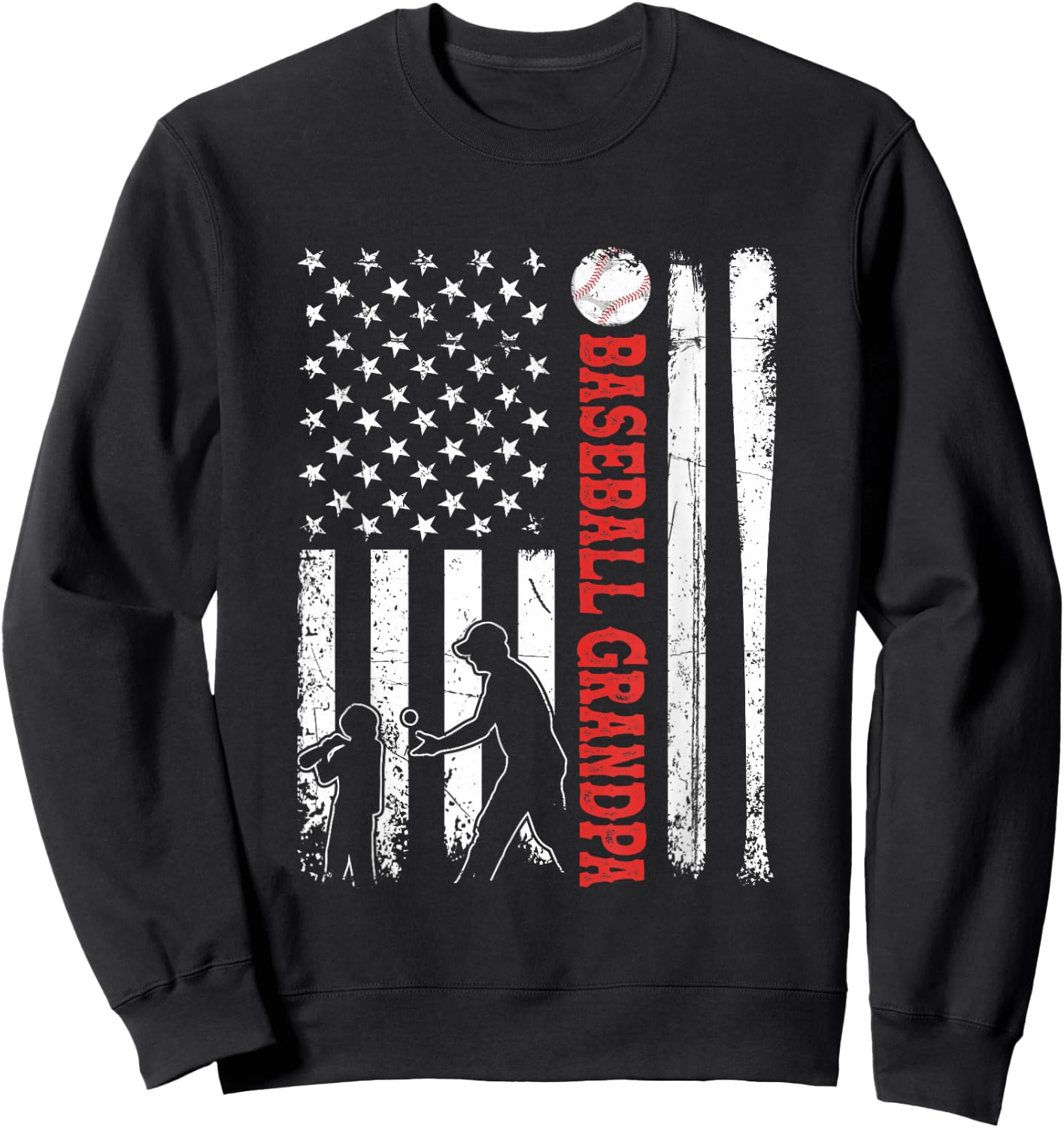Distressed USA American Flag Baseball Grandpa Father's Day Women Kids Men Sweatshirt - Sweatshirt | Black