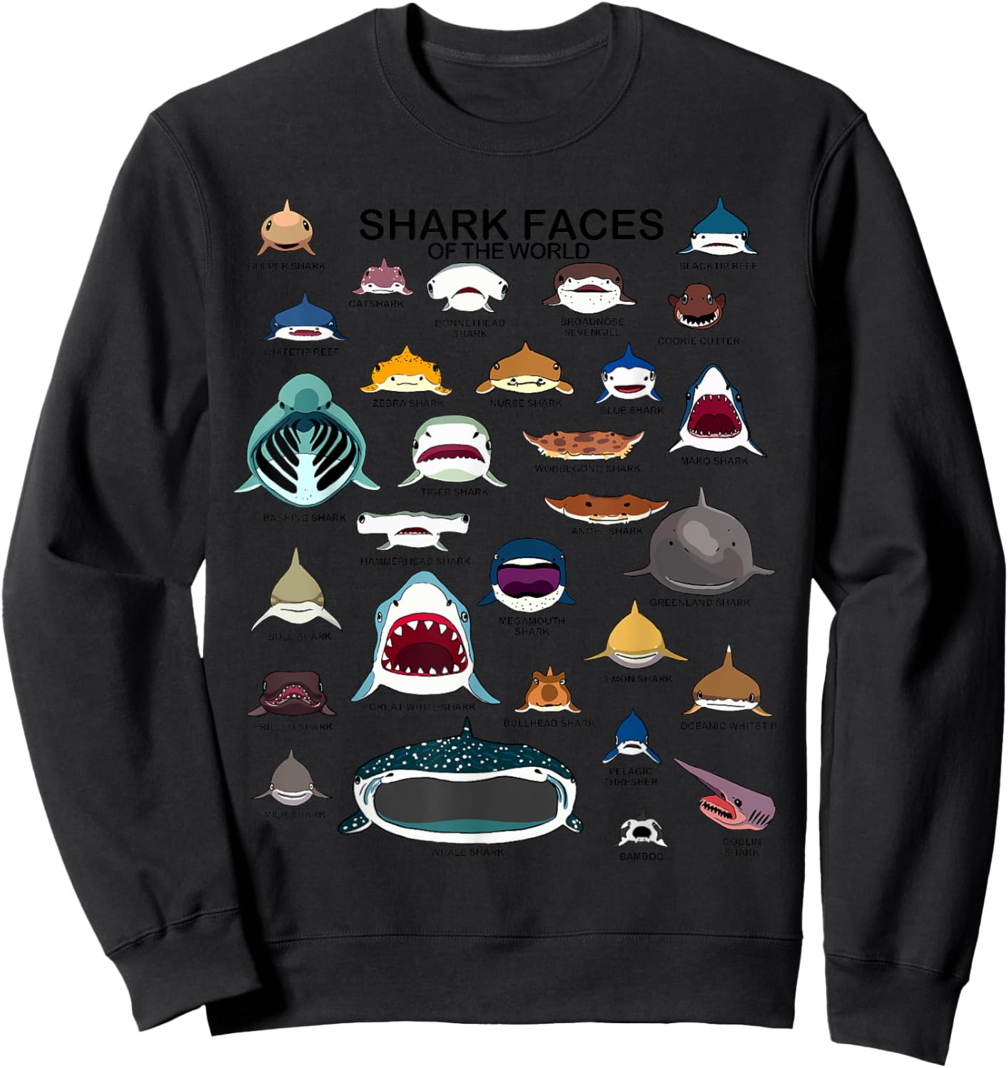 Shark Faces Of The World Love Sharks Kids Shark Mouth , Small Sweatshirt - Sweatshirt | Black