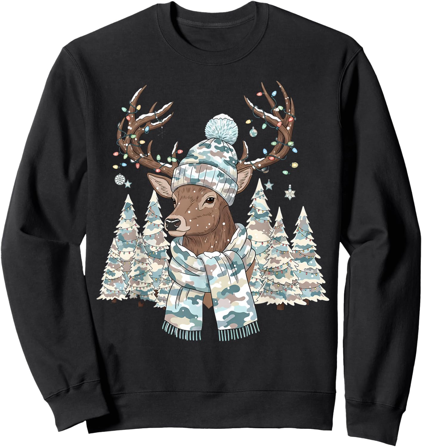 Christmas Camo Hunting Reindeer Pajamas with Deer Xmas Light Sweatshirt - Sweatshirt | Black