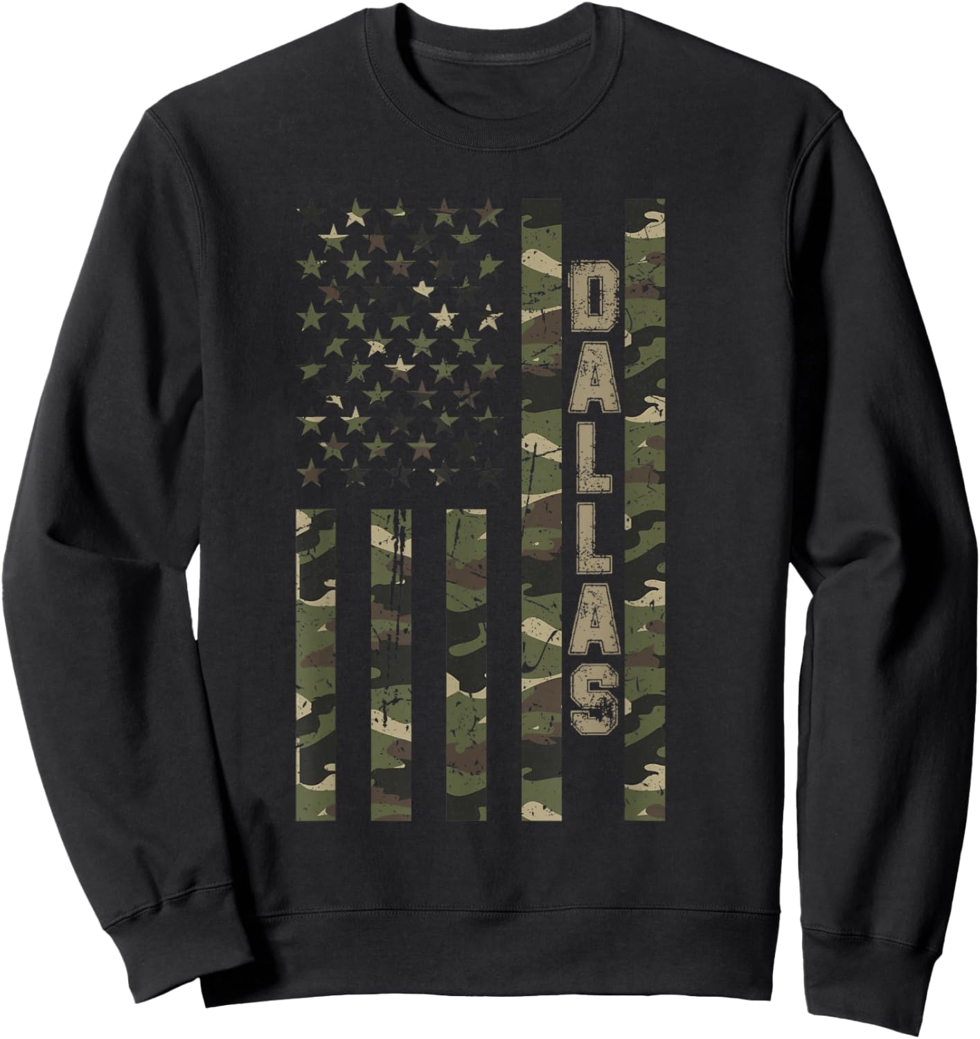 Dallas United States Distressed Camo w US Flag Sweatshirt - Sweatshirt | Black