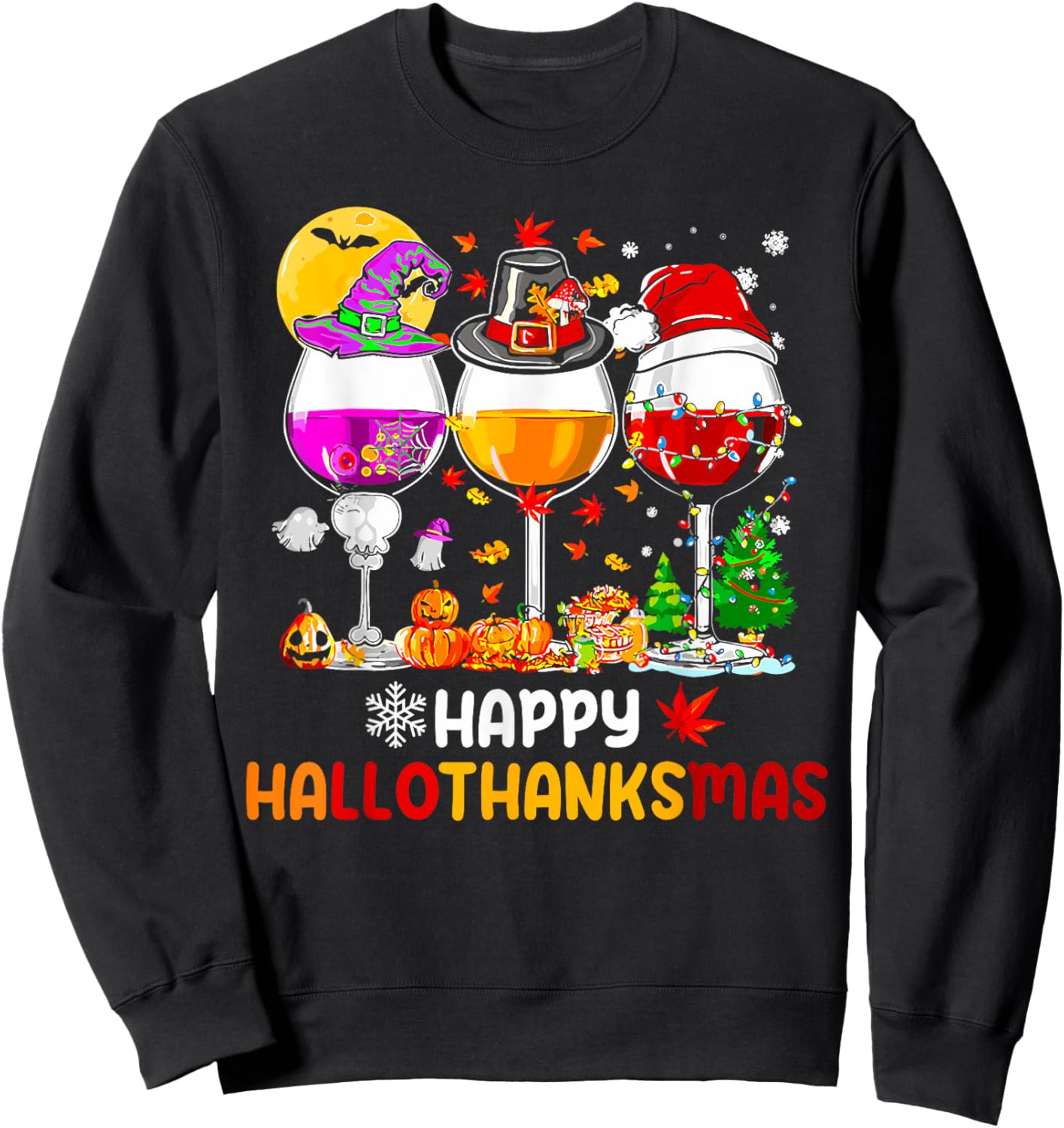 Happy Hallothanksmas Halloween Thanksgiving Christmas Fall Sweatshirt - Sweatshirt | Black