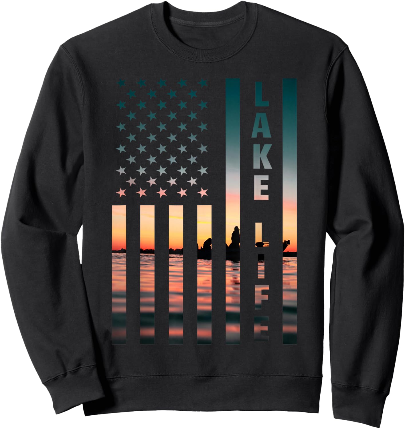 Lake Life Fisherman Sunset American Flag Bass Fishing Boat Sweatshirt - Sweatshirt | Black