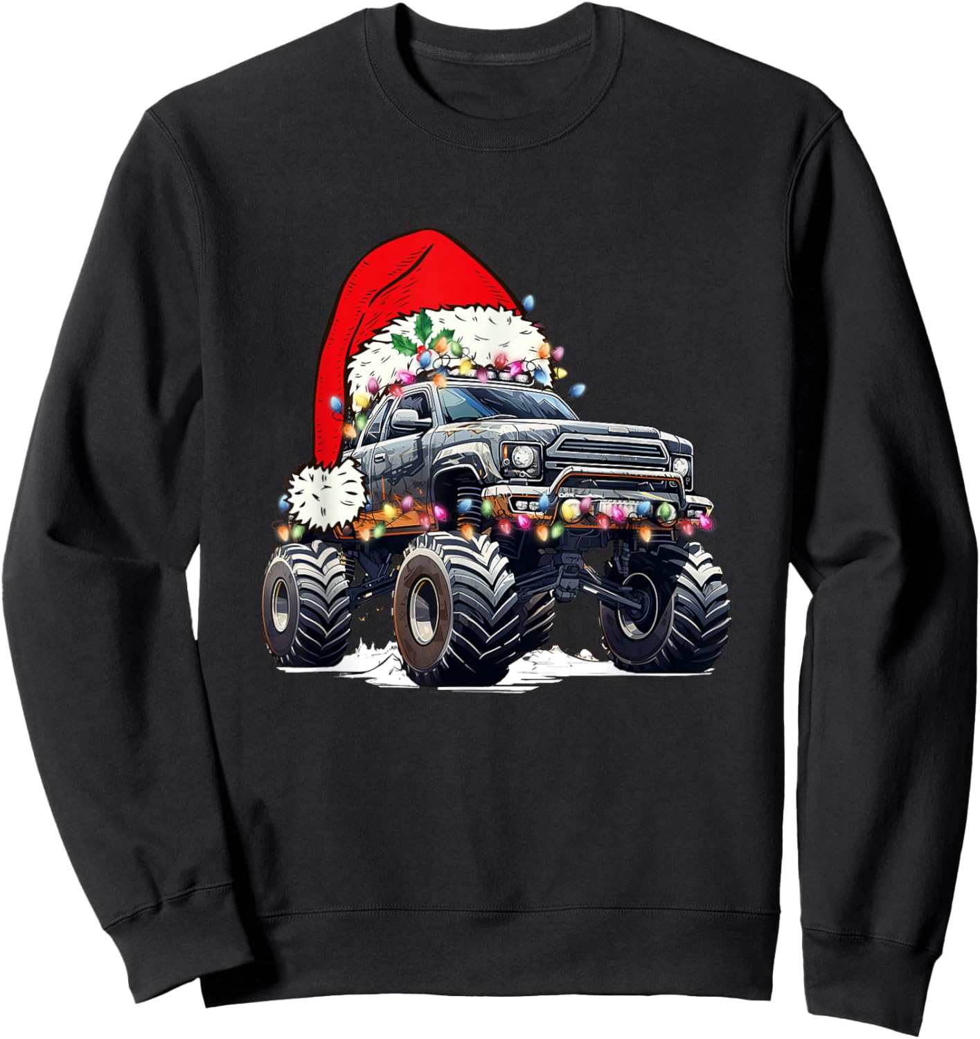 Monster Truck Christmas Tree Ornament Santa Hat Lights Xmas Sweatshirt - Sweatshirt | Black