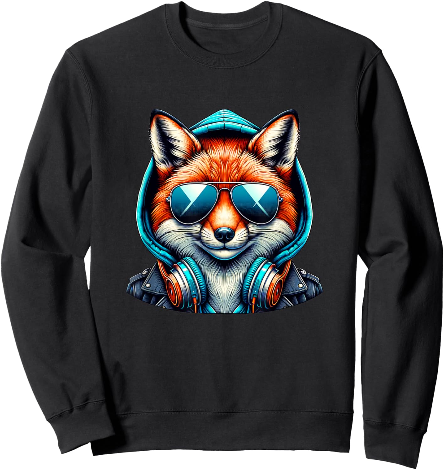 Glücklicher Fuchs Mit Kopfhörer Und Sonnenbrille Sweatshirt - Sweatshirt | Black