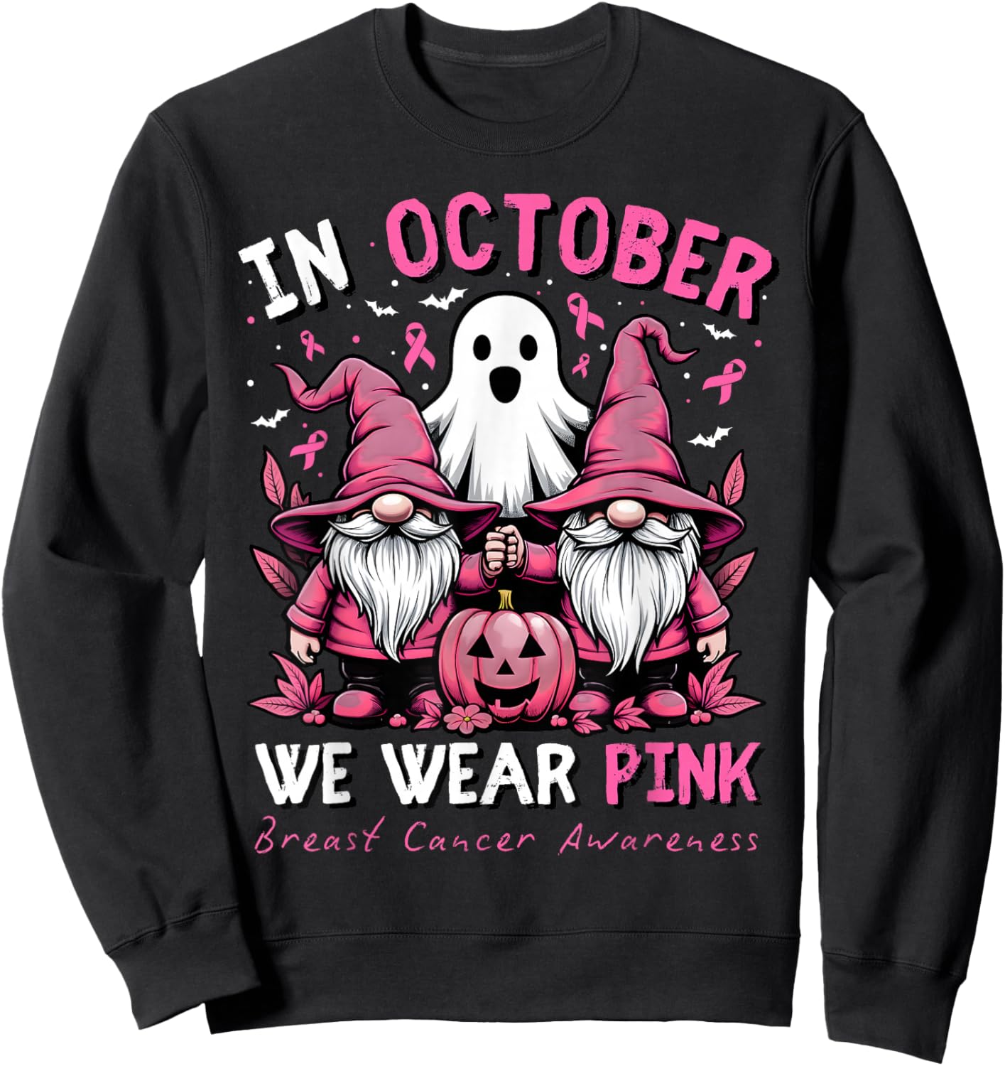 In October We Wear Pink Ghost Gnomes Breast Cancer Awareness Sweatshirt - Sweatshirt | Black