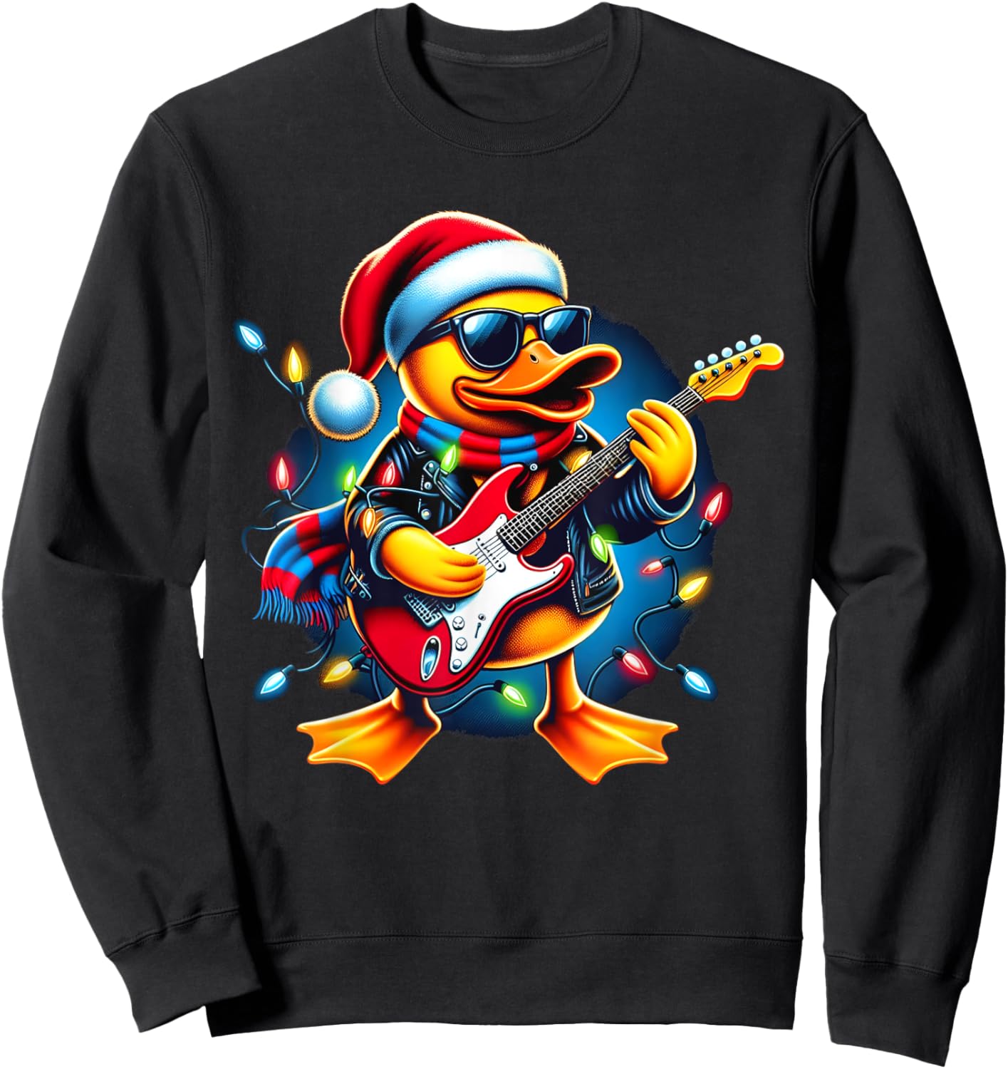 Santa Rubber Duck Christmas Light Xmas Duck Guitar Player Sweatshirt - Sweatshirt | Black