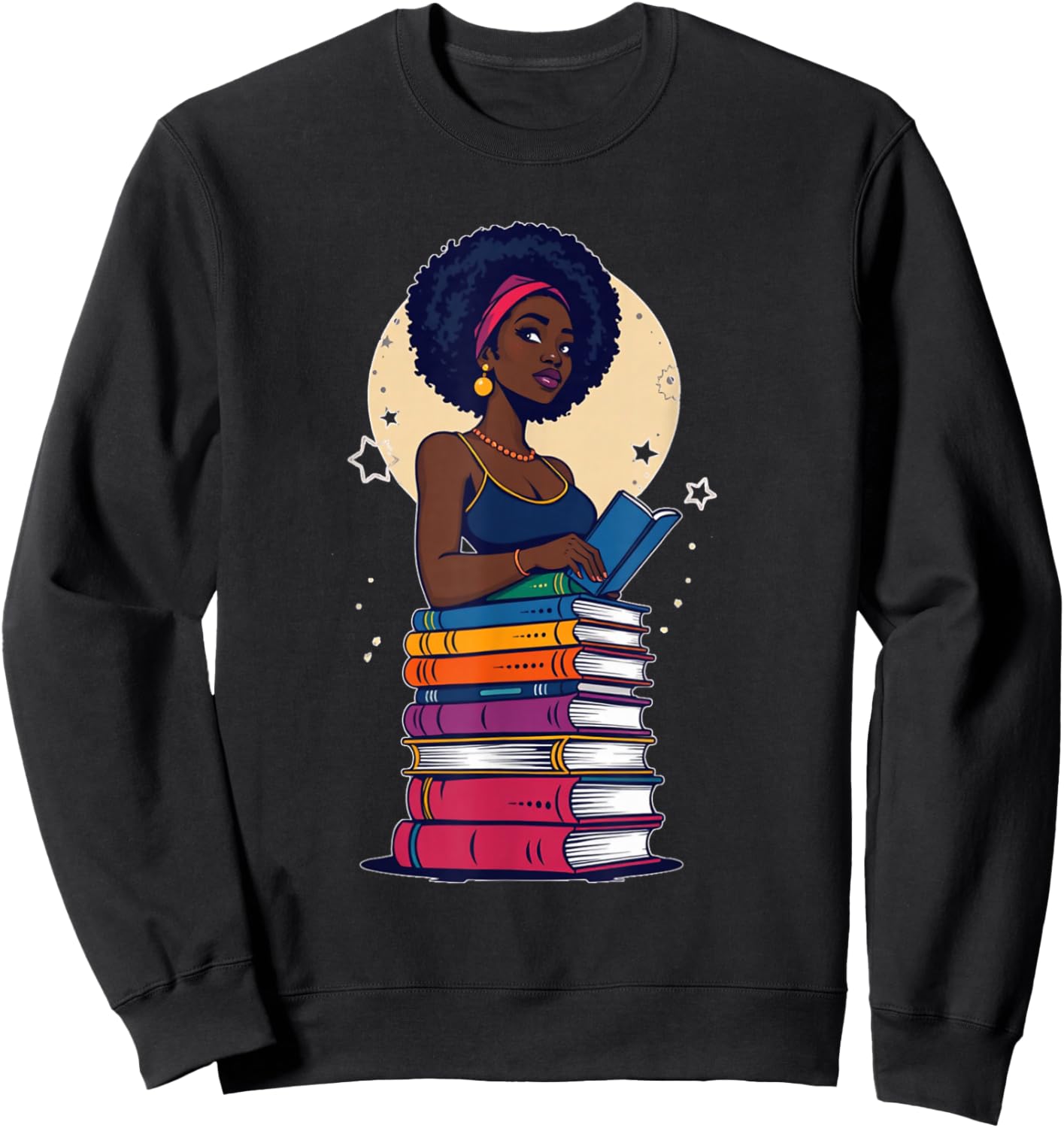 Black Woman And Books Stack - Afro Girl Reading Lover Sweatshirt - Sweatshirt | Black
