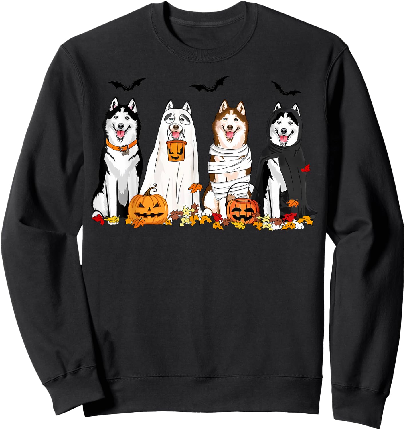 Siberian Husky Dogs Ghost Witch Mummy Halloween Pumpkins Sweatshirt - Sweatshirt | Black