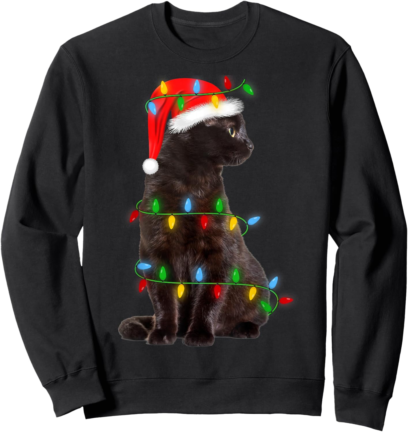 Black-Cat Christmas Tree Lights Funny Santa Kitten Led Light Sweatshirt - Sweatshirt | Black