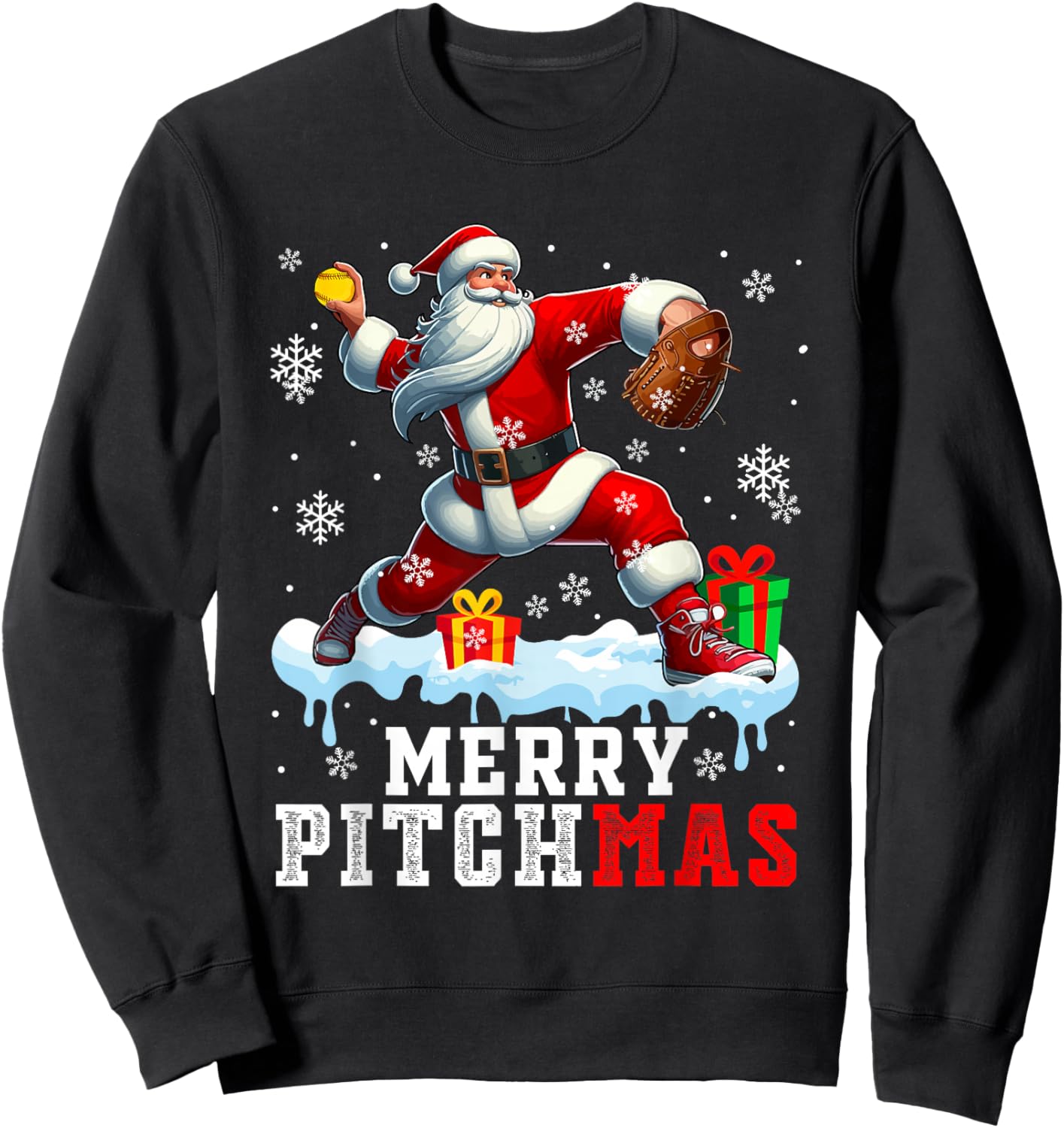 Merry Pitchmas Christmas Santa Pitcher Playing Softball Sweatshirt - Sweatshirt | Black