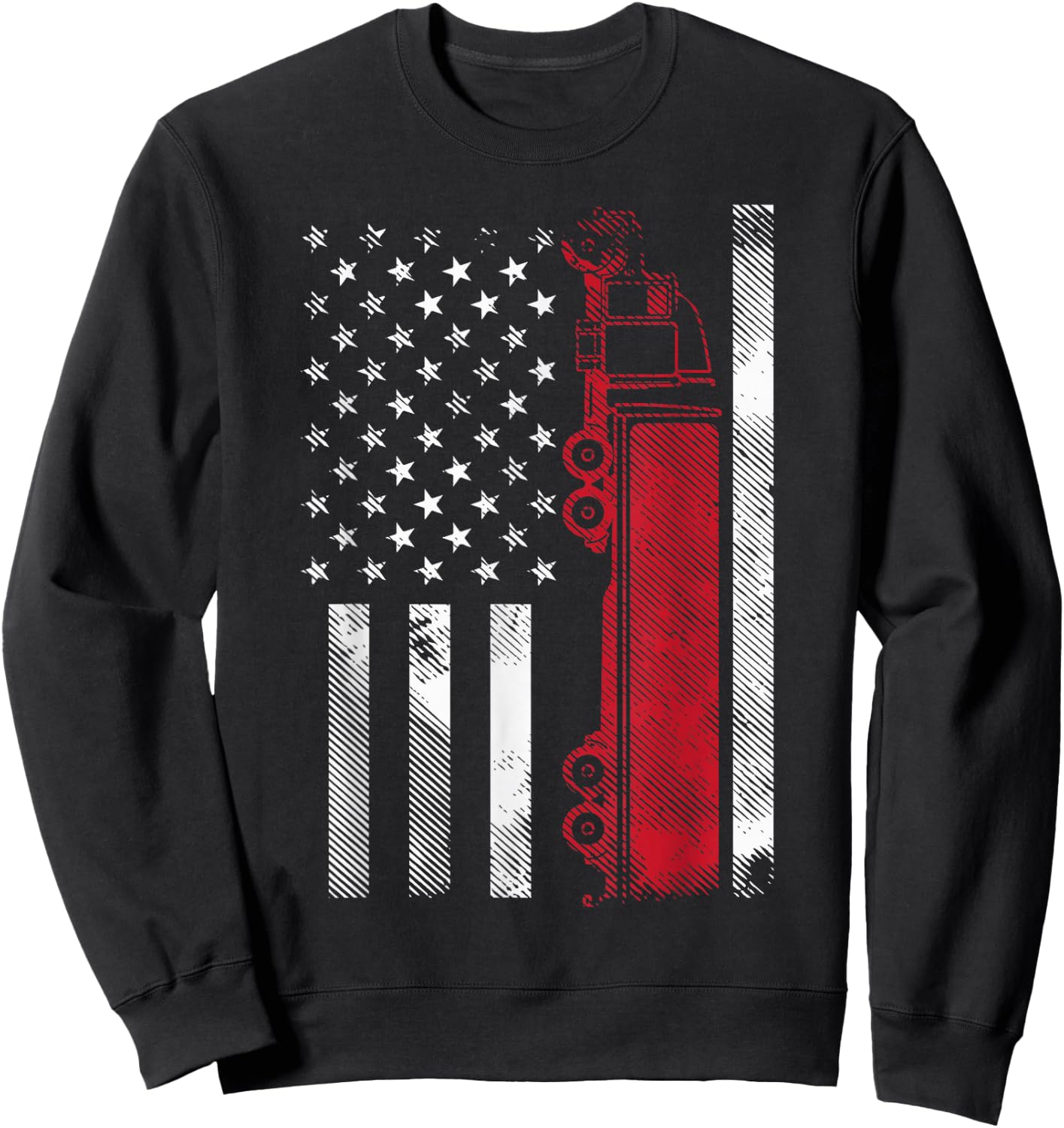 US American Flag Semi Truck Driver 18 Wheeler Trucker Gift Short Sleeve Sweatshirt - Sweatshirt | Black