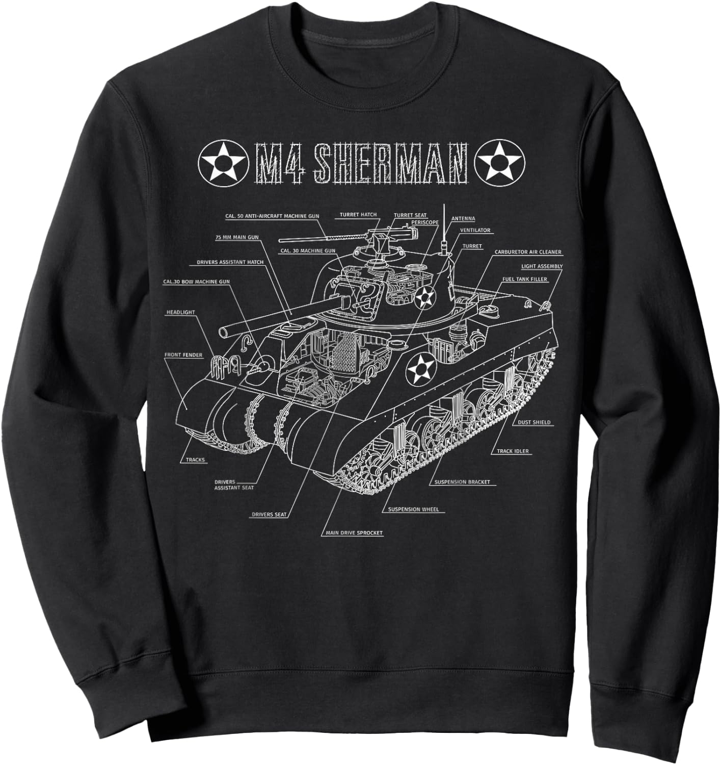 World War 2 American Tank M4A3 Sherman blueprint Sweatshirt - Sweatshirt | Black