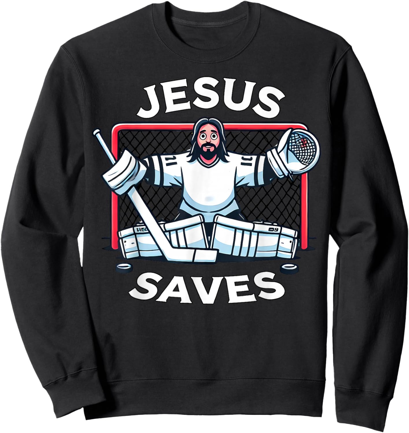 Funny Hockey Jesus Saves Goalie Sports Humor Sweatshirt - Sweatshirt | Black