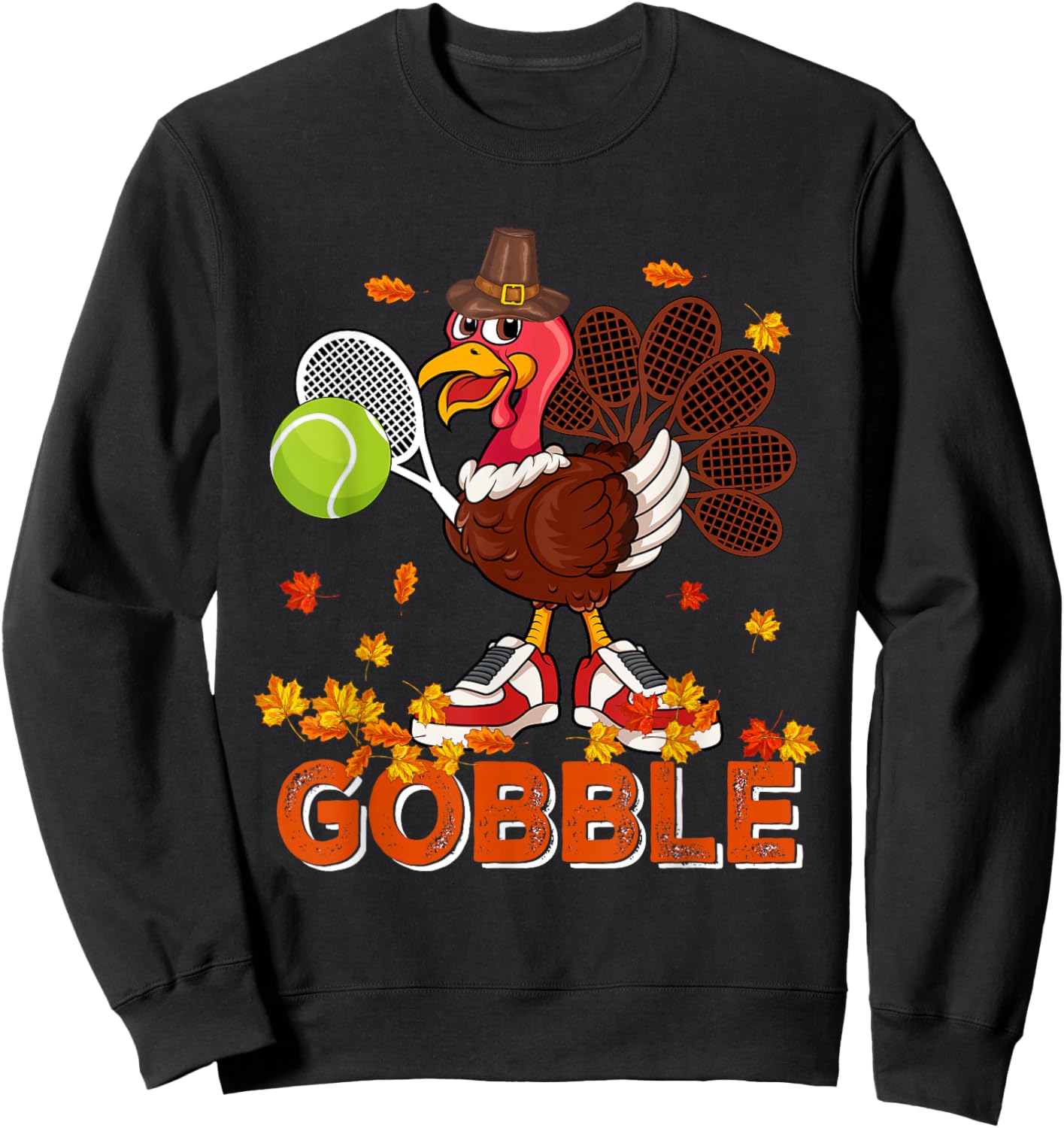 Vintage Gobble Thanksgiving Turkey Playing Tennis Player Sweatshirt - Sweatshirt | Black