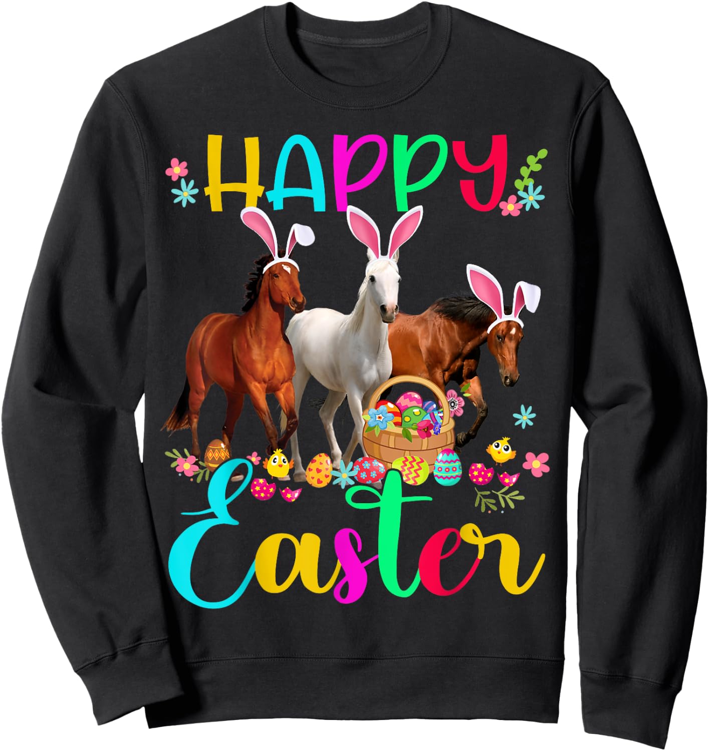 Happy Easter Horse Lover Three Horse Wearing Bunny Ear Sweatshirt - Sweatshirt | Black