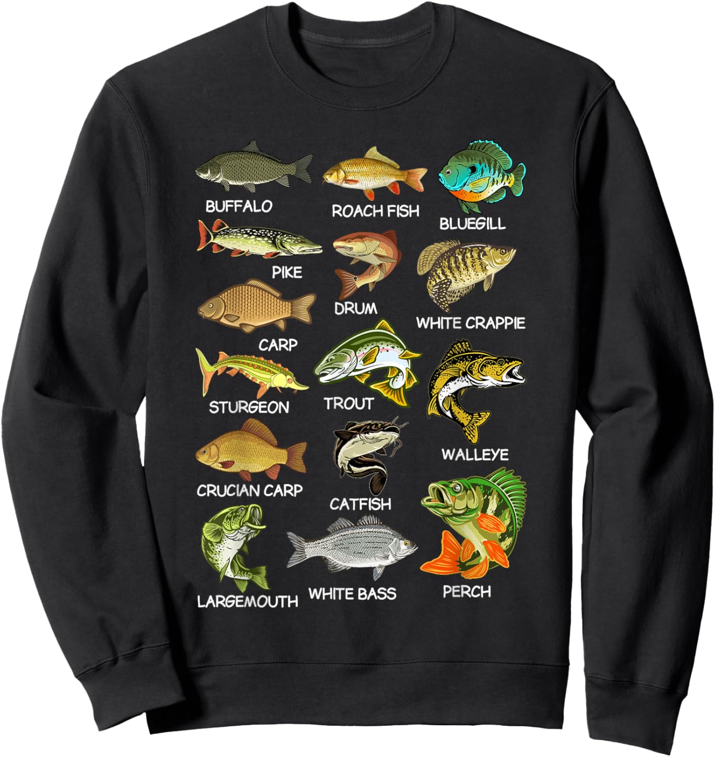 Types Of Freshwater Fish Species Fishing Fisherman Anglers Sweatshirt - Sweatshirt | Black