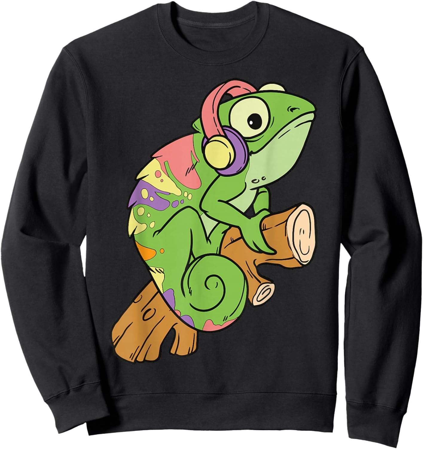 Cartoon Chameleon With Headphones Fun Illustration Sweatshirt - Sweatshirt | Black