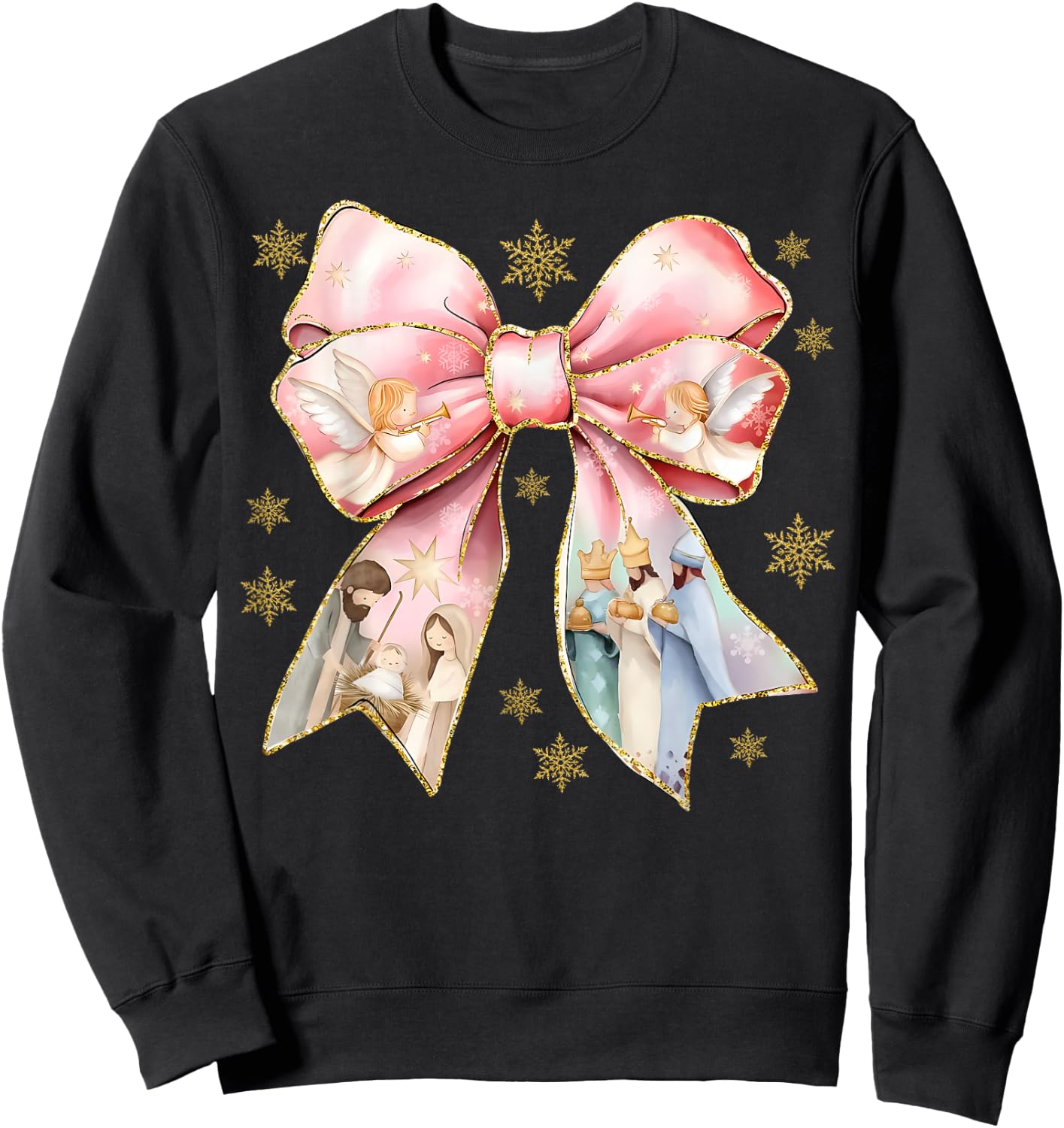 Cute Coquette Bow Baby Jesus Nativity Scene Christian Xmas Sweatshirt - Sweatshirt | Black
