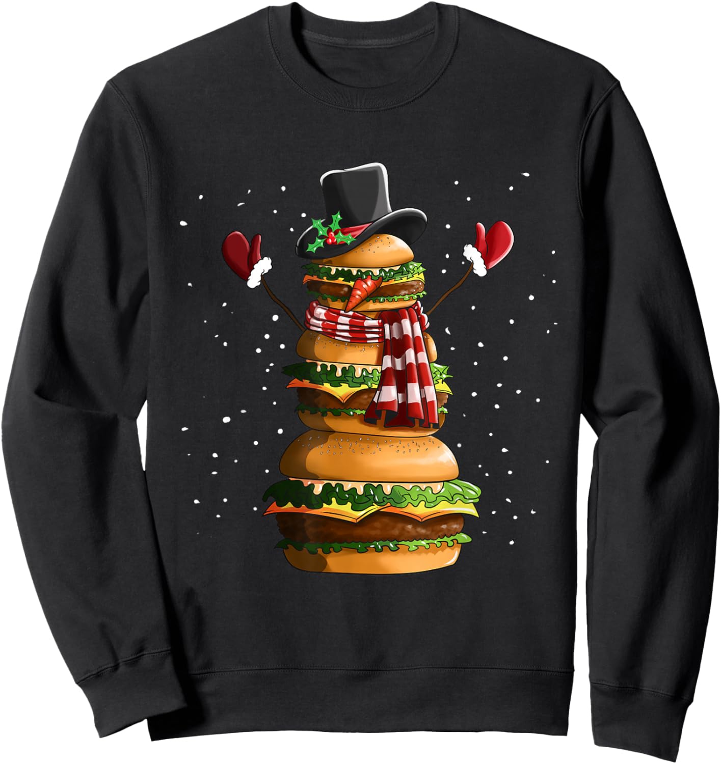 Snowman Made Of Burgers Cheeseburger Fast Food Christmas Sweatshirt - Sweatshirt | Black