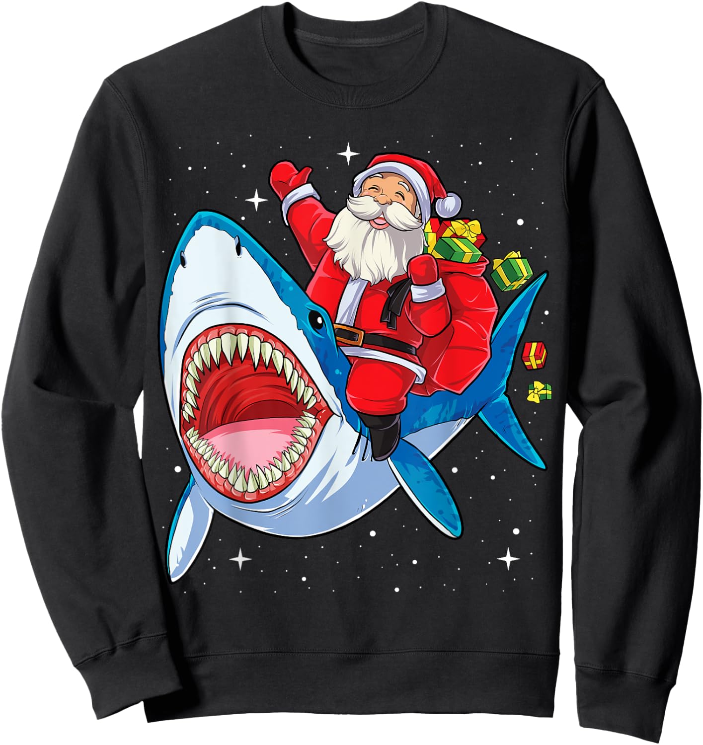 Santa Claus Riding Shark Christmas Boys Merry Sharkmas Xmas Sweatshirt - Sweatshirt | Black
