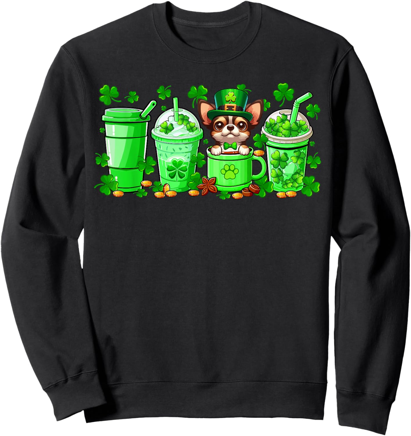 Chihuahua Inside Cup Coffees St. Patrick's Day Shamrocks Sweatshirt - Sweatshirt | Black