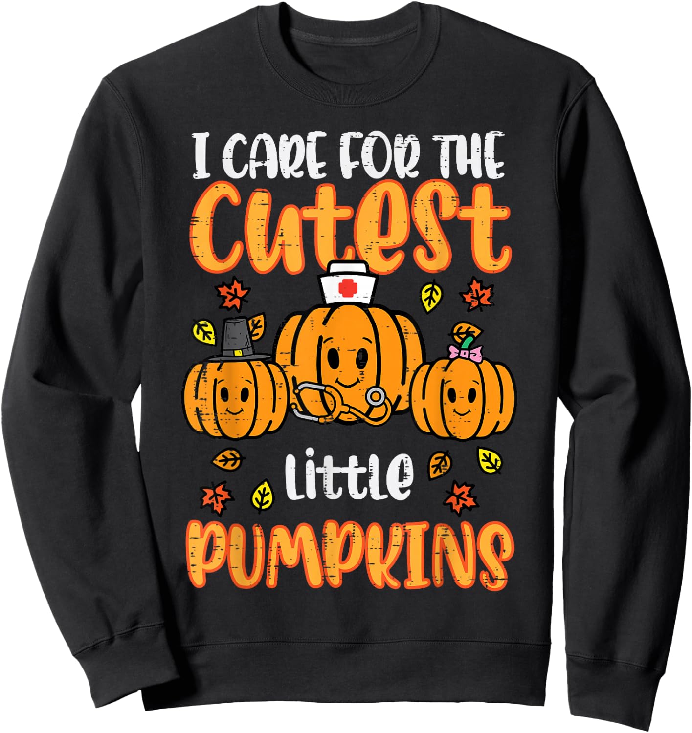 Pumpkins Nurse Halloween Scrub Top Fall Thanksgiving Women Sweatshirt - Sweatshirt | Black