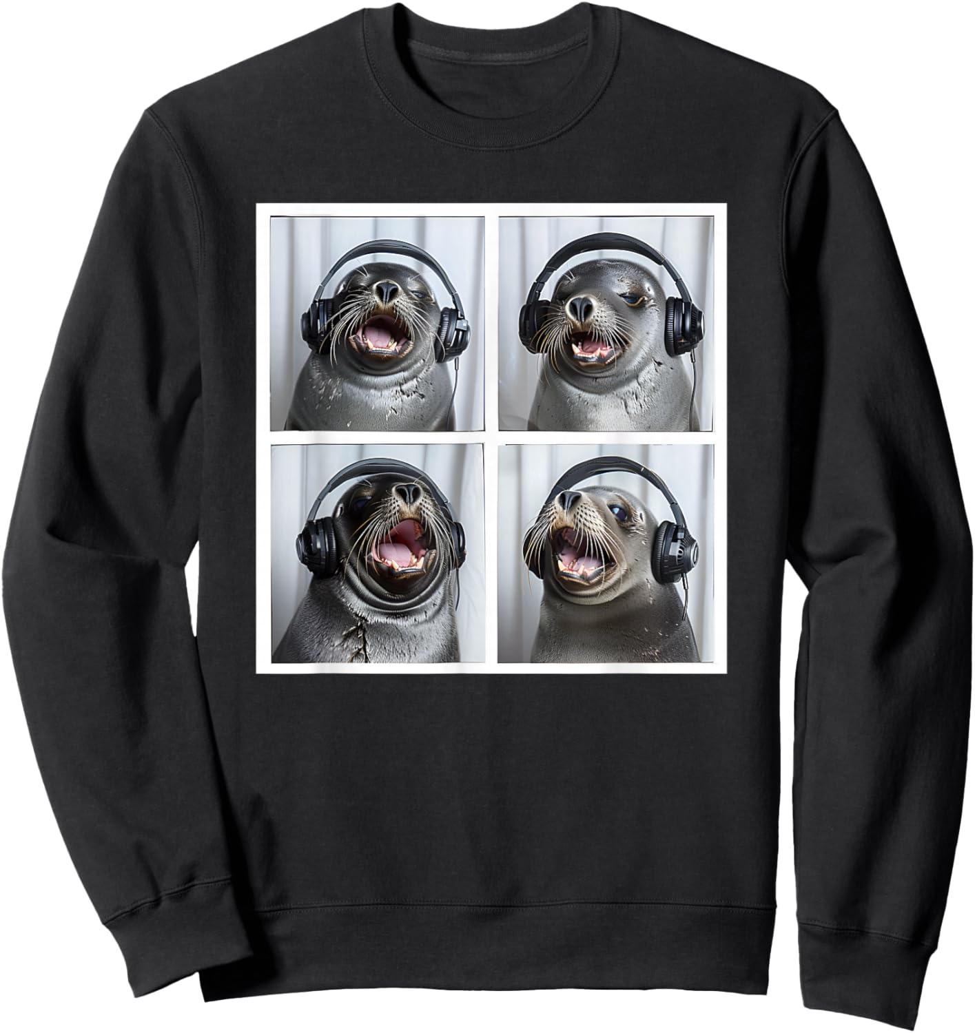 Seal Wearing Headphones Animal Music Sea Lion Singing Seal Sweatshirt - Sweatshirt | Black