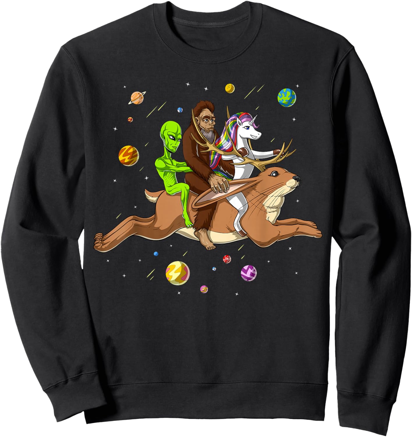 Alien Bigfoot Unicorn Riding Jackalope Cryptozoology Cryptid Sweatshirt - Sweatshirt | Black