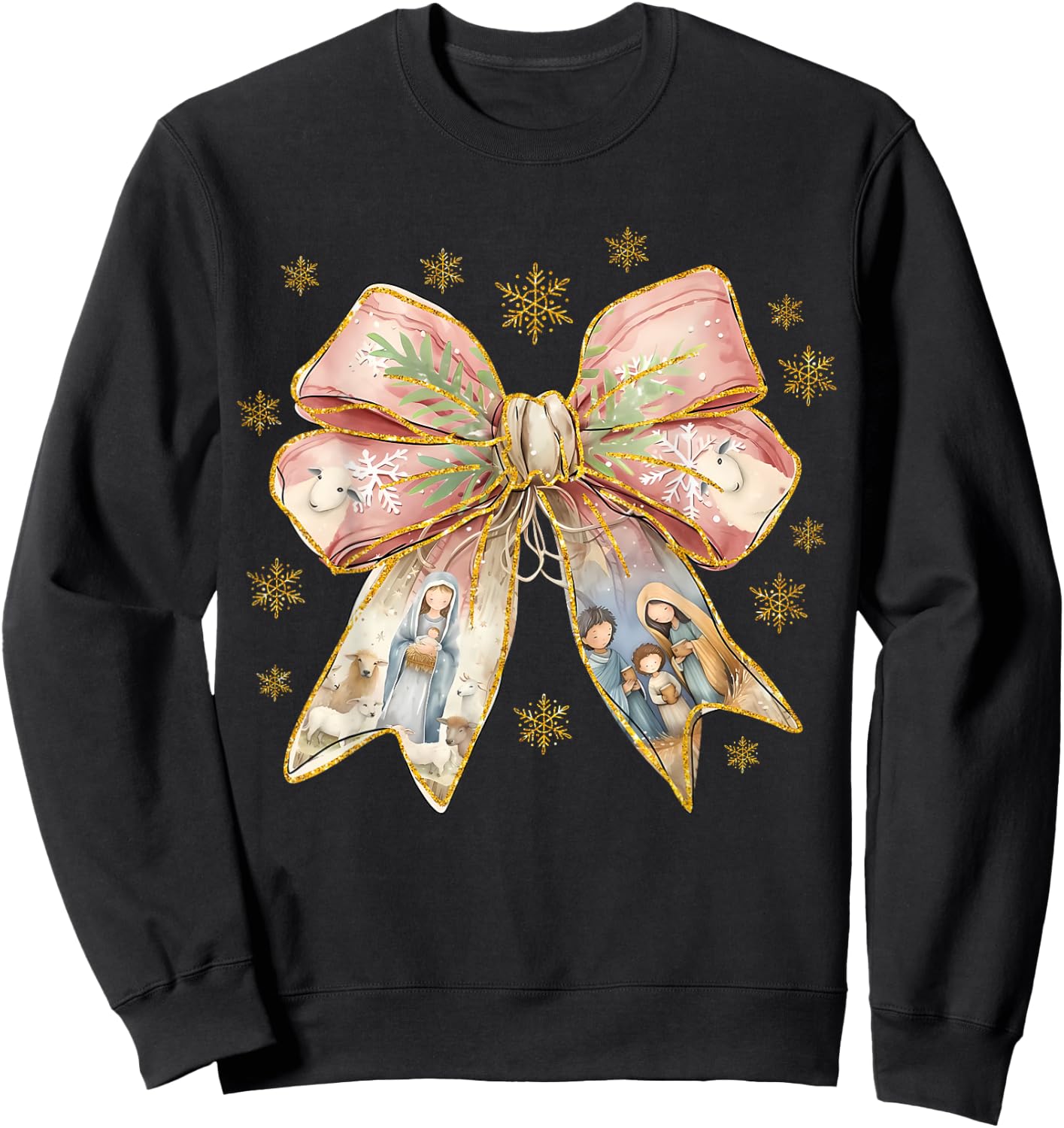 Jesus Christmas Coquette Bow Nativity Scene Christian Women Sweatshirt - Sweatshirt | Black