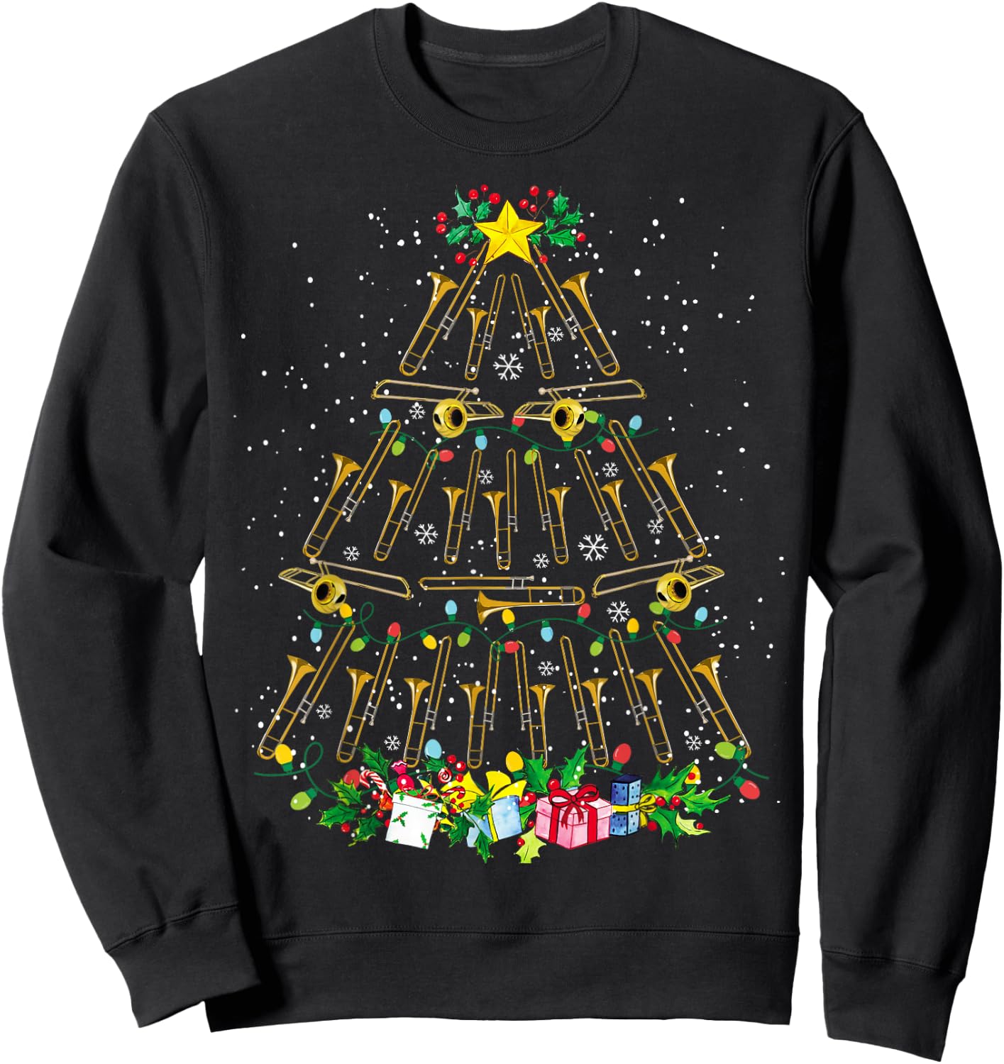 Funny Christmas Trombone Player Xmas Tree Music Lover Santa Sweatshirt - Sweatshirt | Black