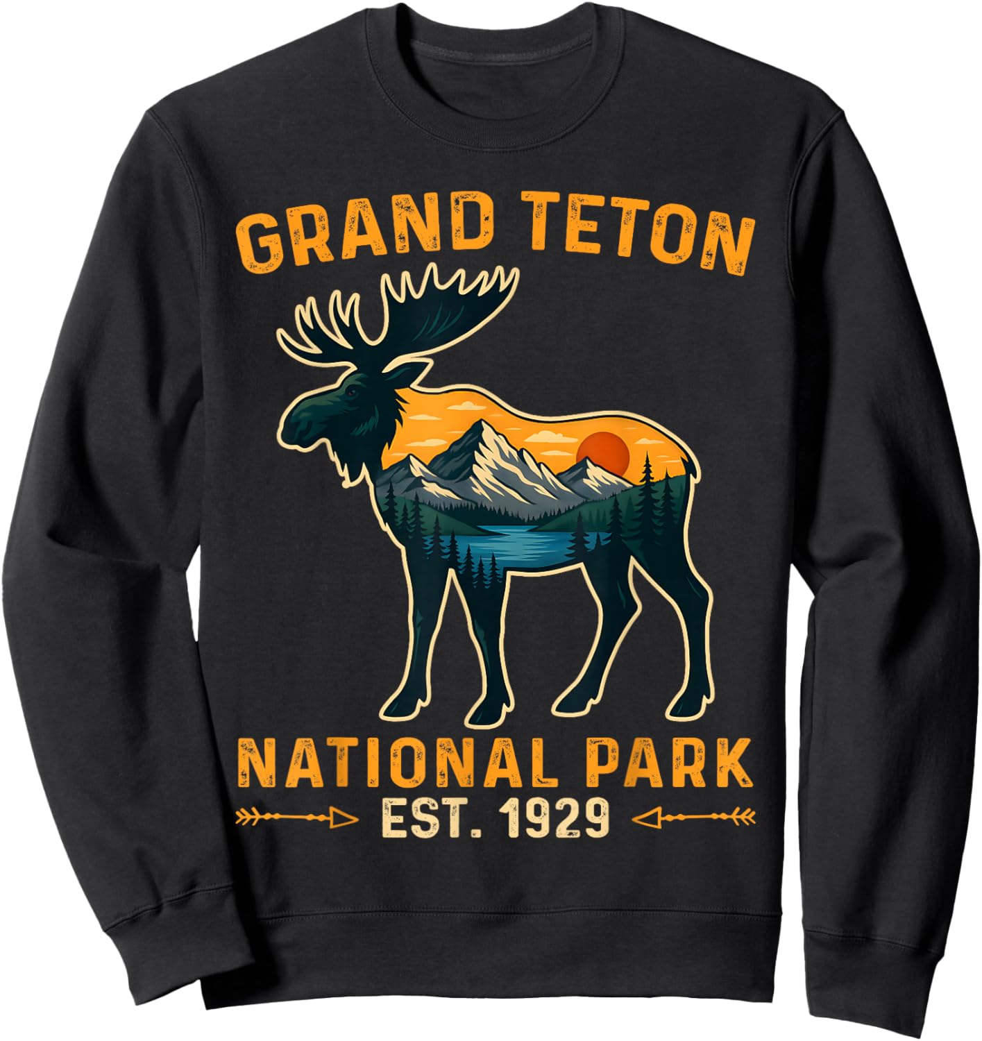 Vintage Grand Teton National Park Moose Hiking Vacation Sweatshirt - Sweatshirt | Black