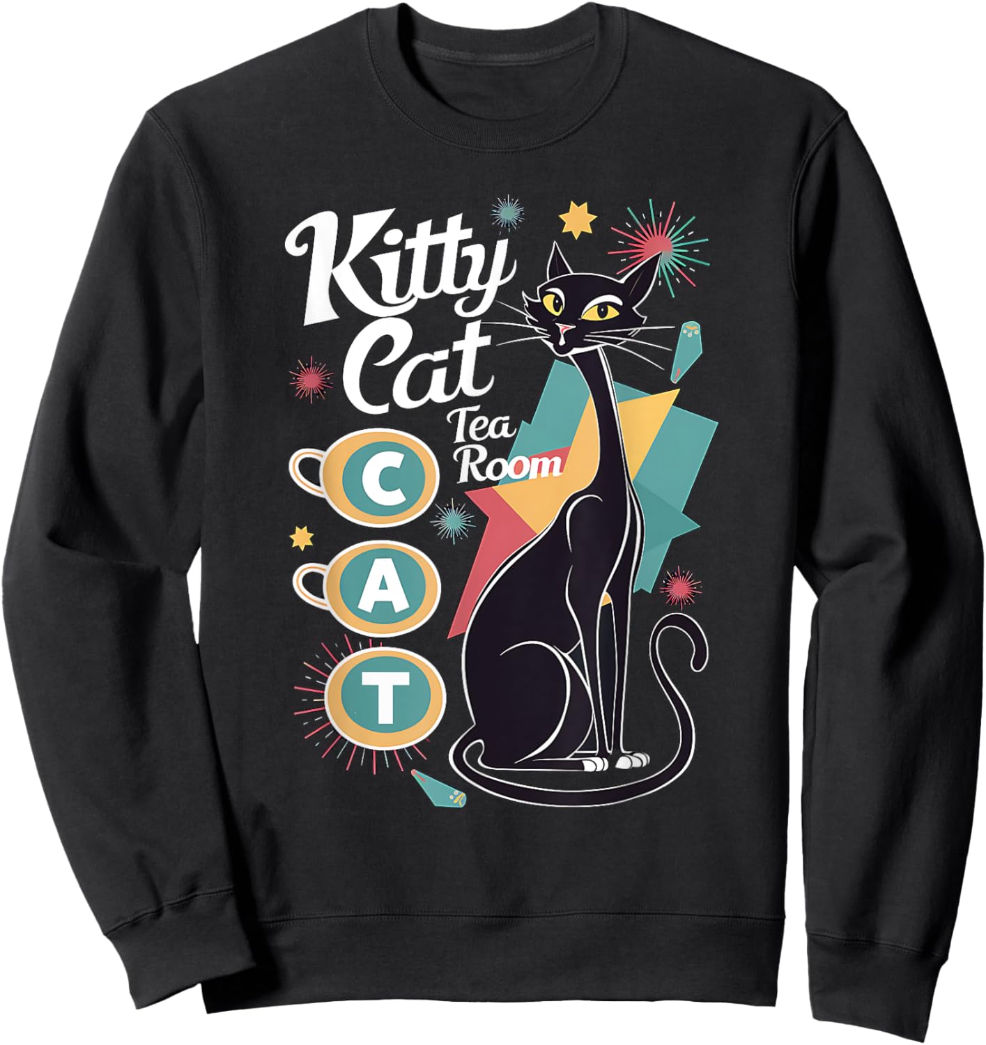 Retro Mid-Century Modern Kitty Cat Tea Room Design Women Sweatshirt - Sweatshirt | Black