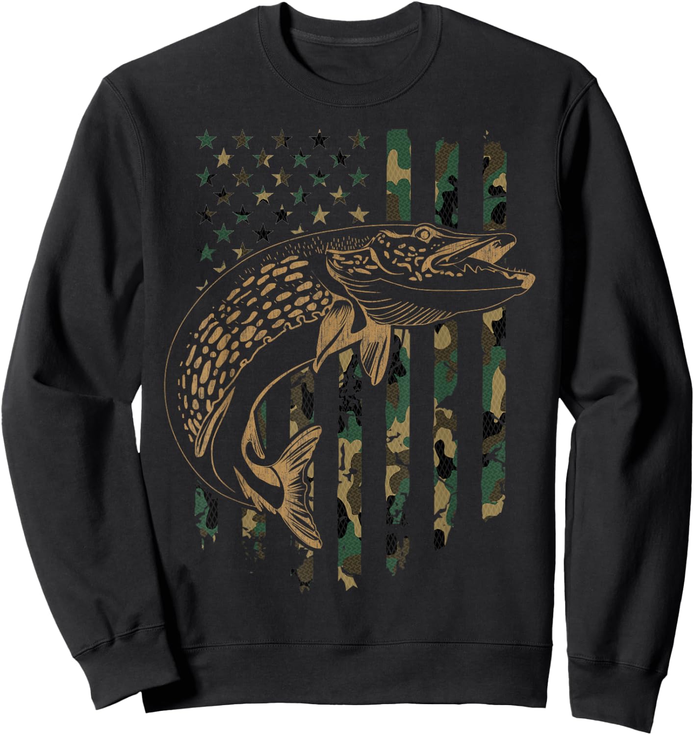 Pike Fishing American Flag Camouflage Muskie Fishing Camo Sweatshirt - Sweatshirt | Black