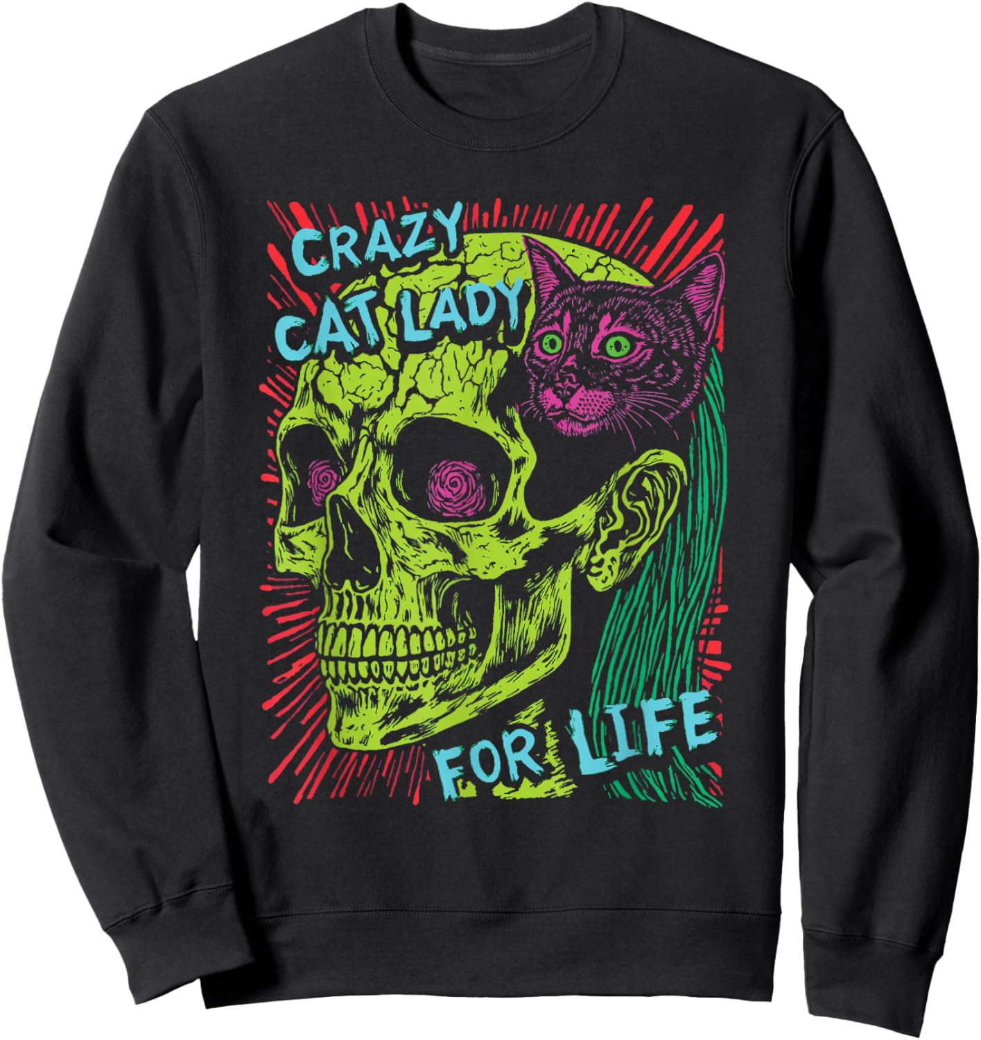 Crazy Cat Lady For Life Goth Punk Grunge Cat With Skull Sweatshirt - Sweatshirt | Black