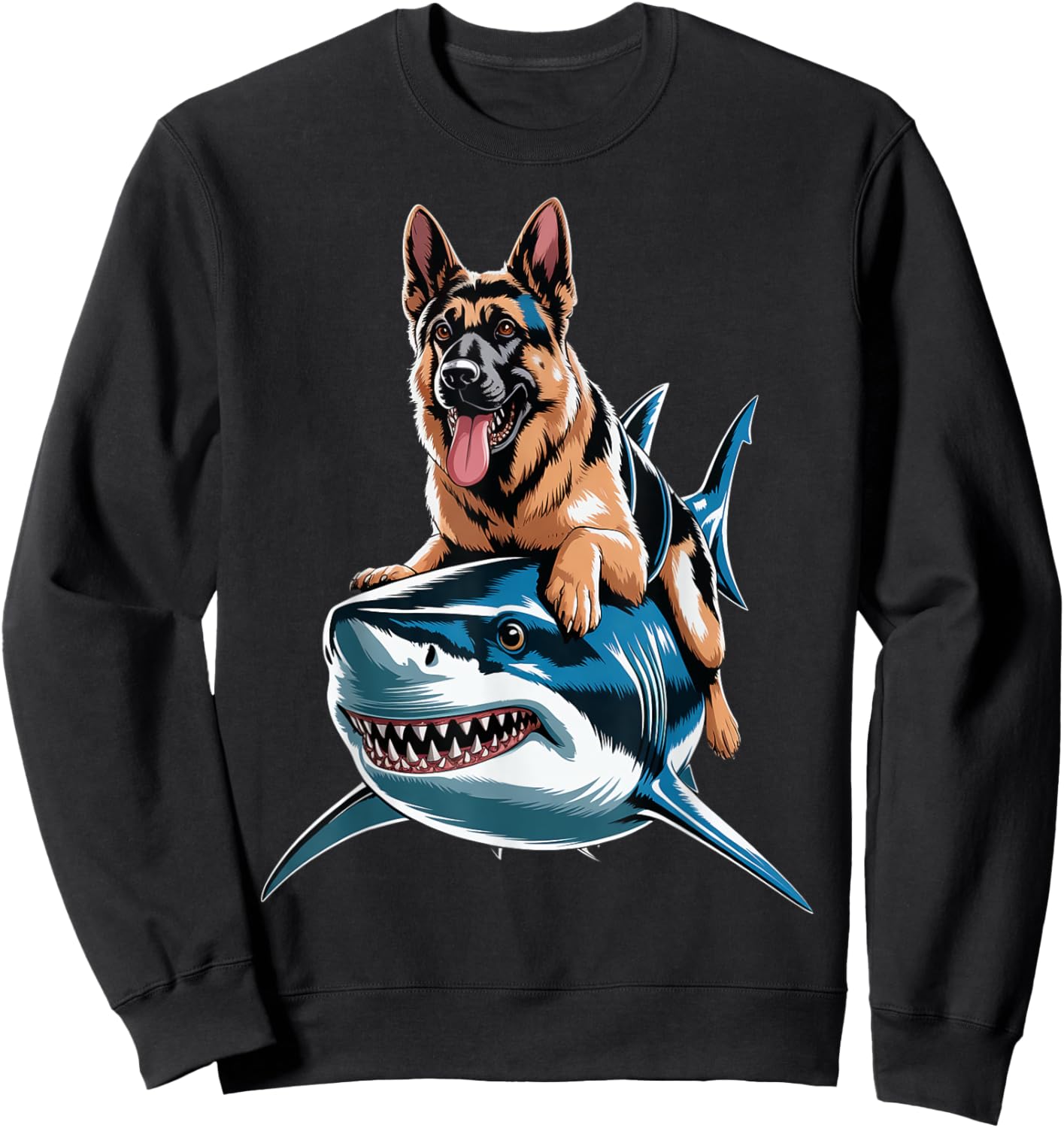 Funny German Shepherd Riding Shark Sweatshirt - Sweatshirt | Black