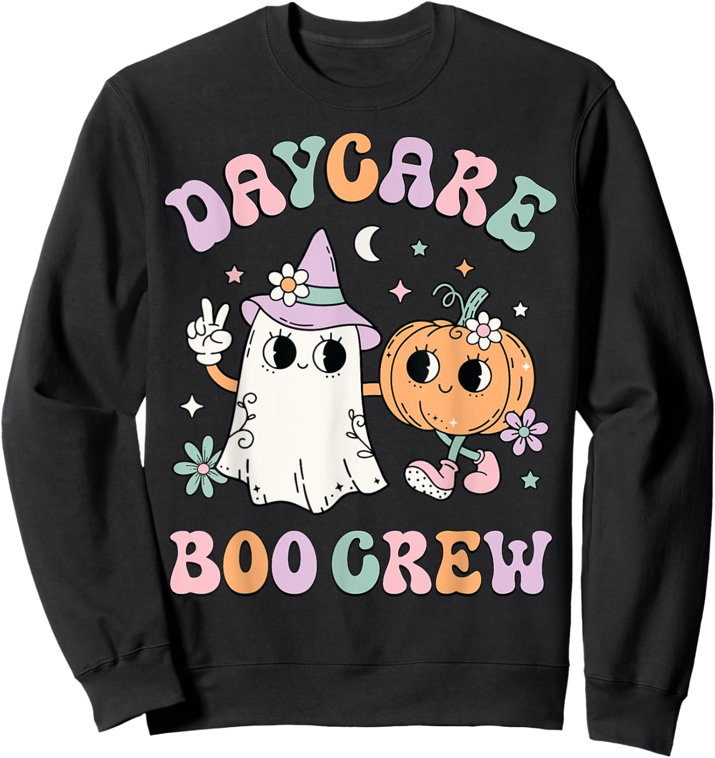 Daycare Boo Crew Groovy Halloween Floral Ghost Kid Teacher Sweatshirt - Sweatshirt | Black