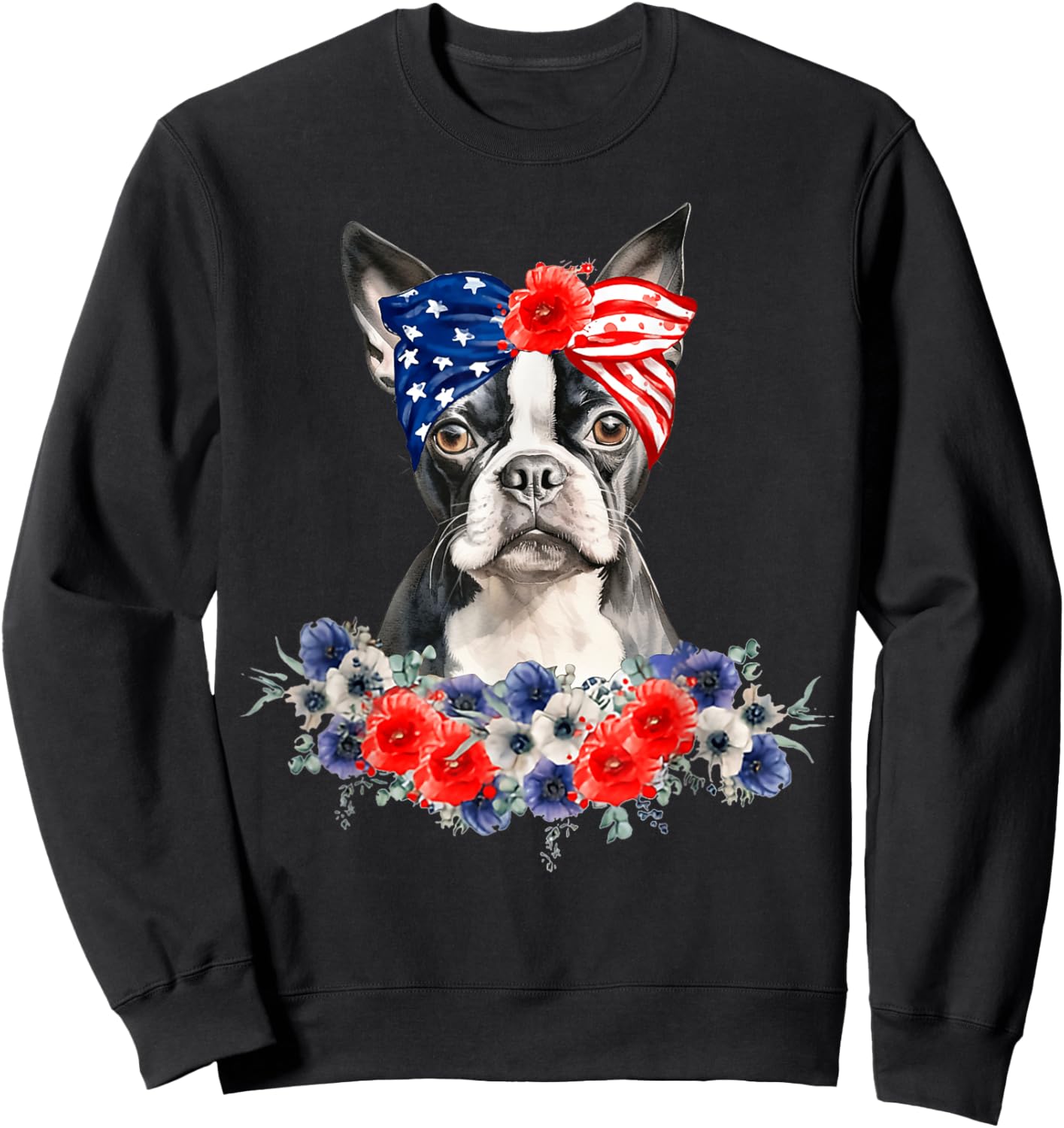 Boston Terrier Dog Bandana American Flag 4th Of July Sweatshirt - Sweatshirt | Black