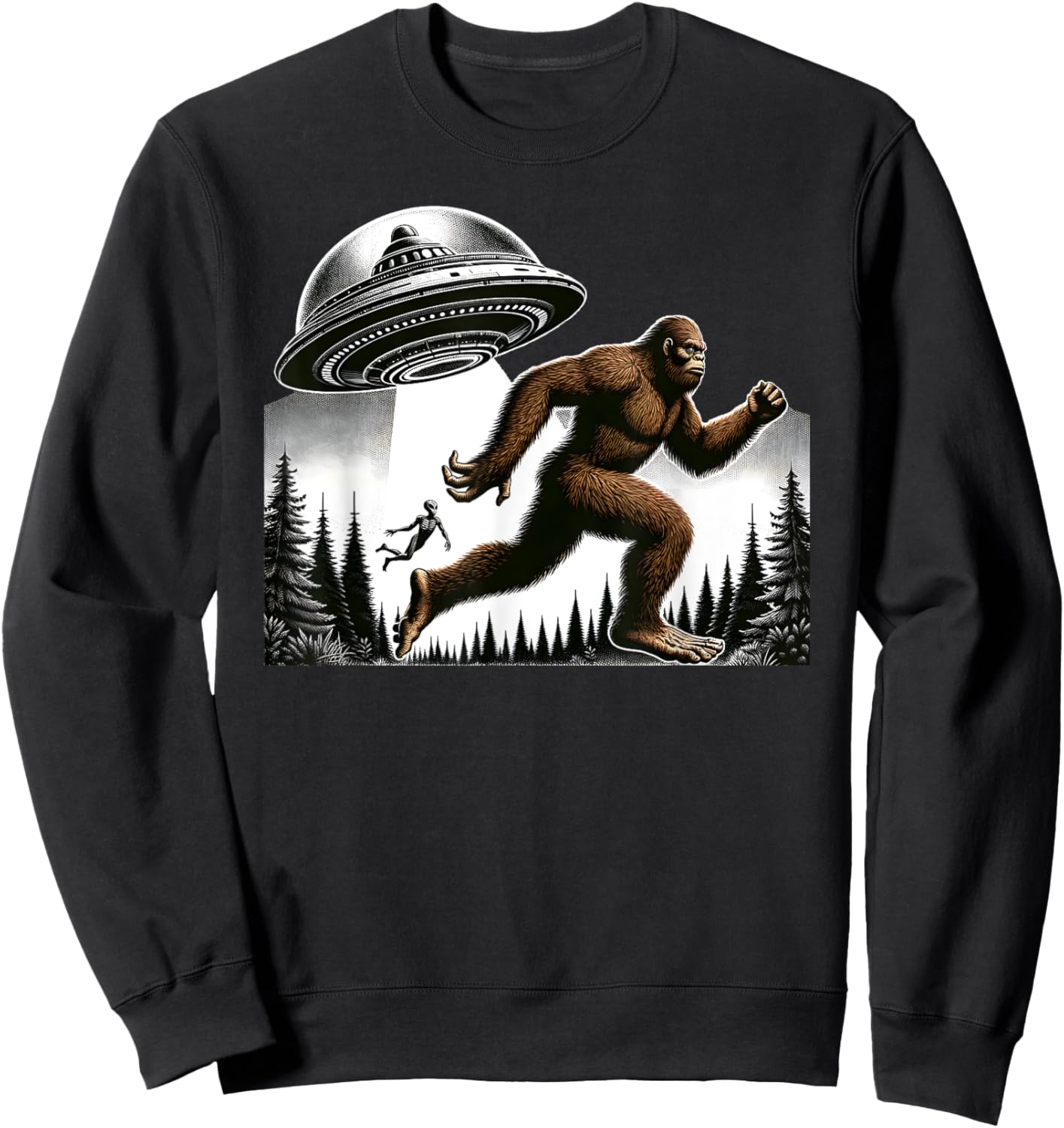 Bigfoot Sasquatch Running From Aliens In a UFO In Forest Sweatshirt - Sweatshirt | Black