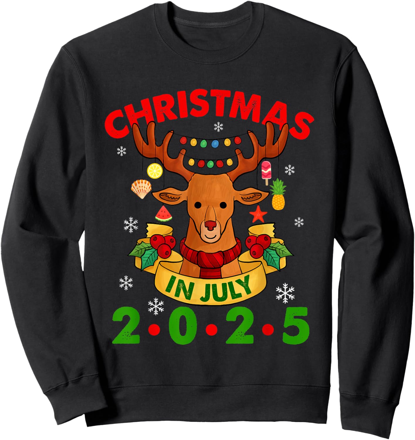 Christmas In July 2025 Reindeer Xmas Lights Summer Men Women Girls Kids Sweatshirt - Sweatshirt | Black