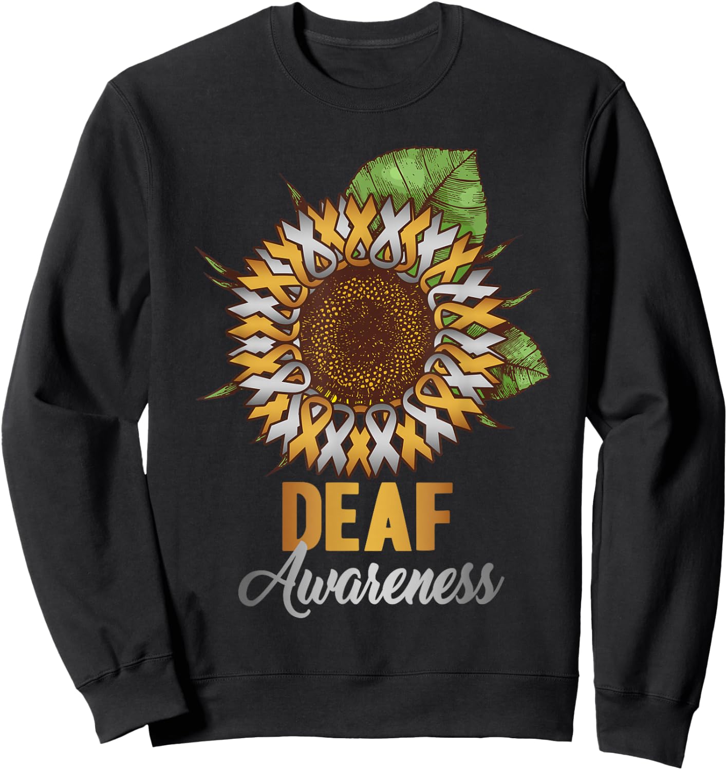 Deaf Awareness - Sunflower Gold and Silver Ribbon Sweatshirt - Sweatshirt | Black