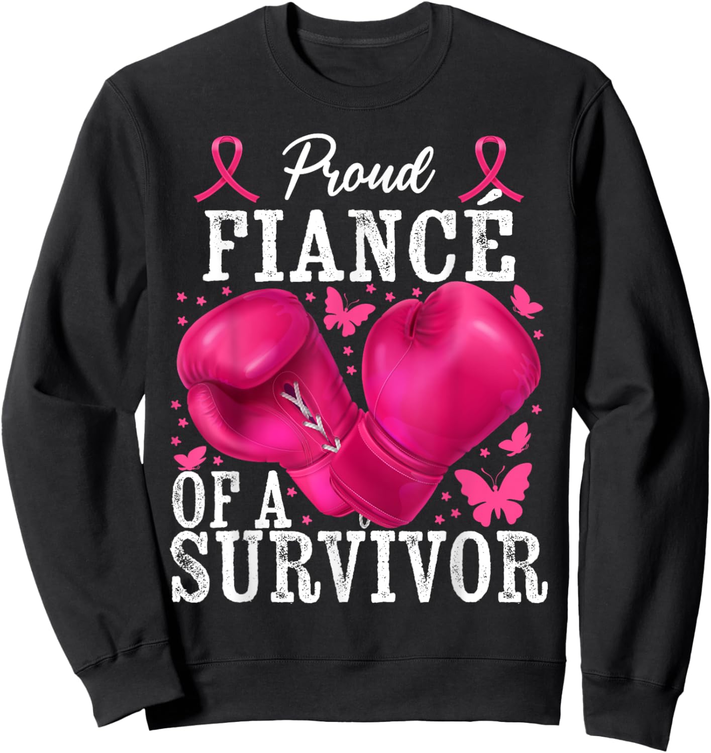 Proud Fiancé Of Survivor Breast Cancer Boxing Gloves Pink Sweatshirt - Sweatshirt | Black