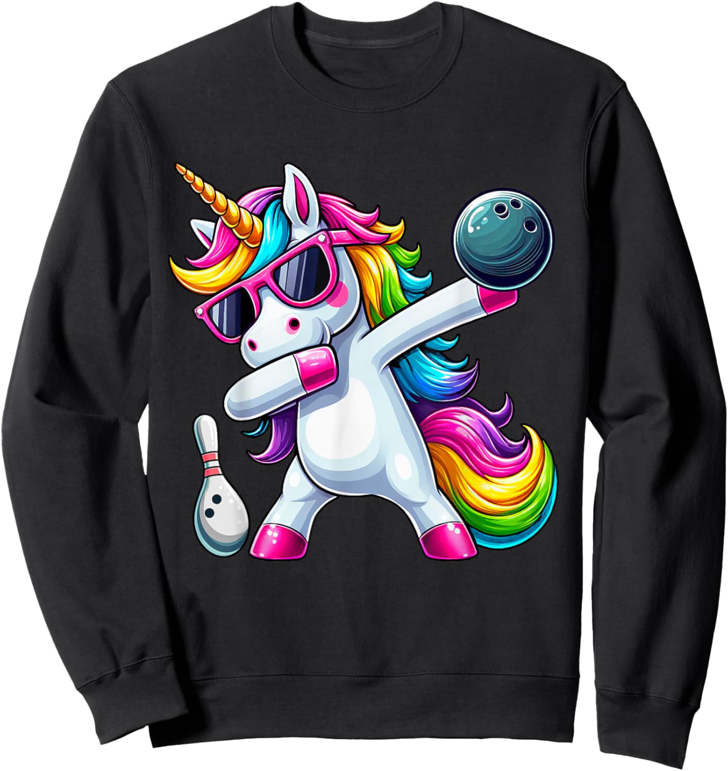 Birthday Girls Funny Dabbing Bowling Unicorn Dab Girls Sweatshirt - Sweatshirt | Black