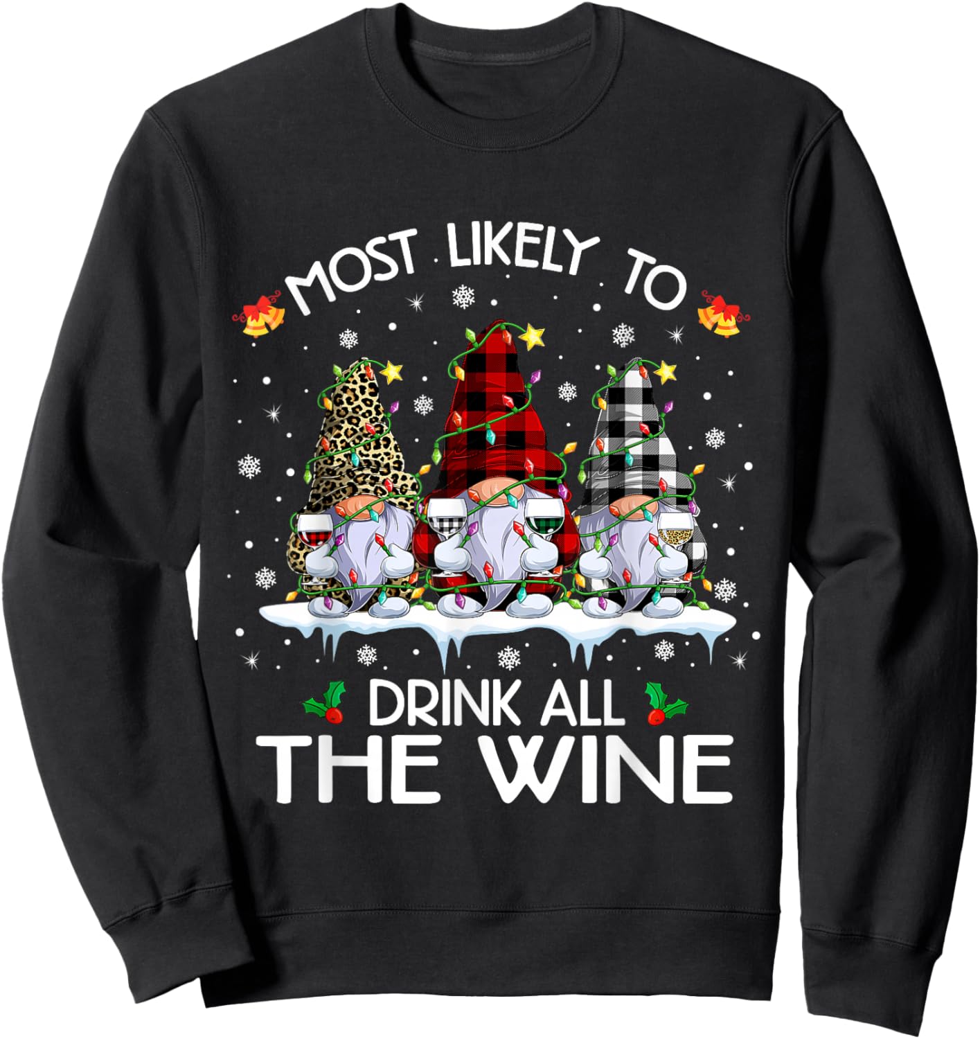Buffalo Plaid Gnome Most Likely-To Drink All The Wine Xmas Sweatshirt - Sweatshirt | Black