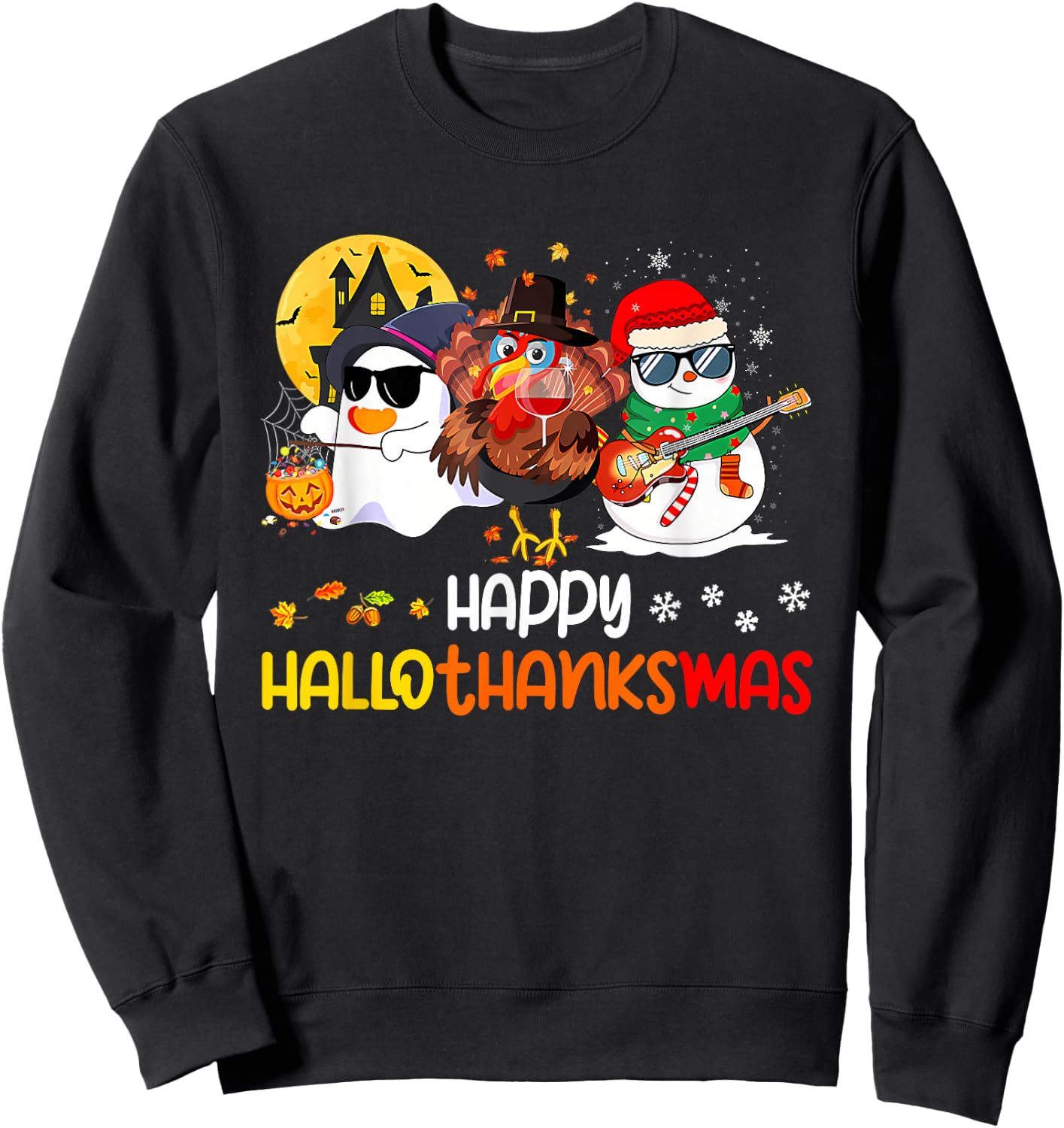 Happy Hallothanksmas Cute Ghost Halloween Thanksgiving Xmas Sweatshirt - Sweatshirt | Black