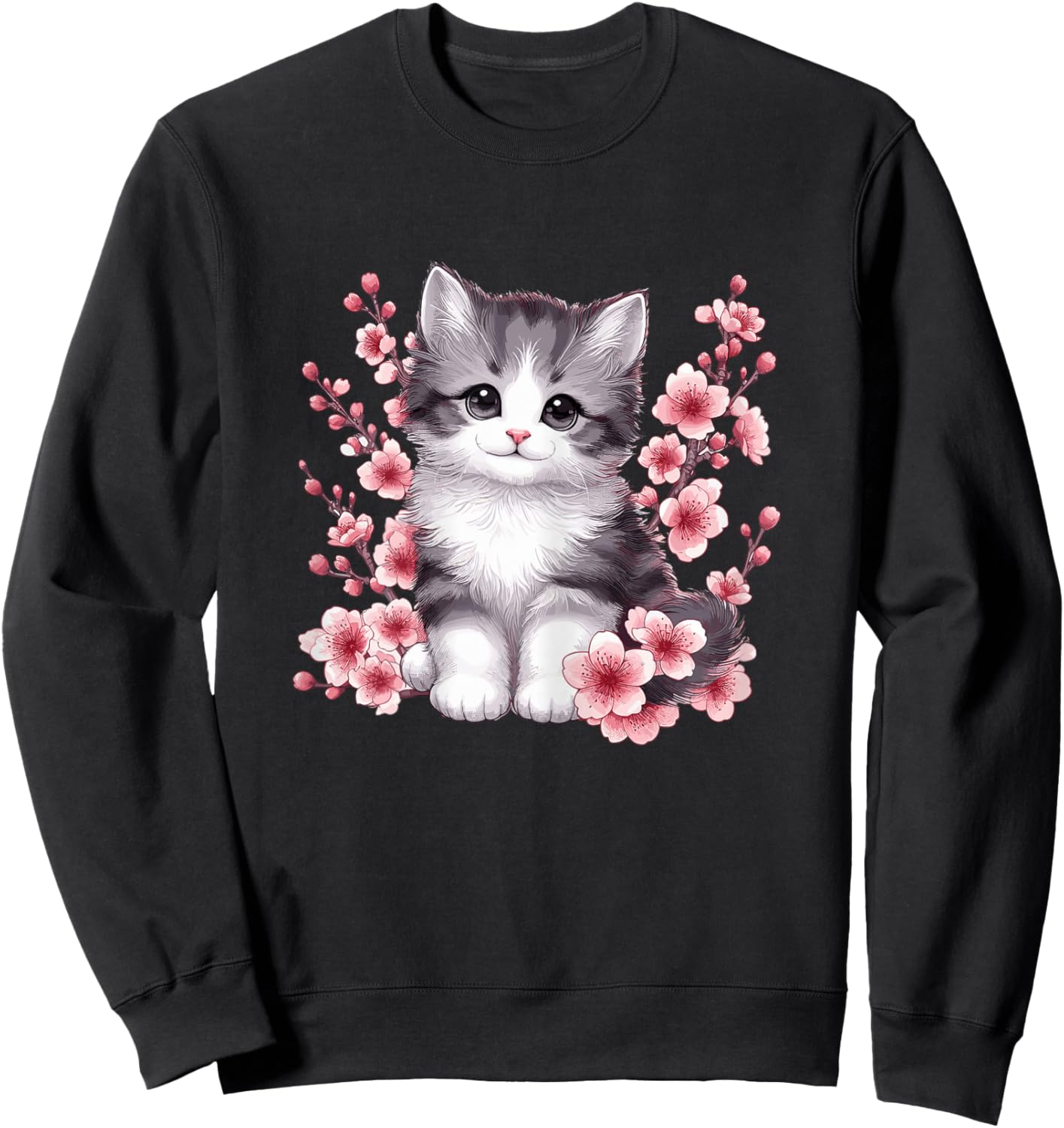 Cat with Cherry Blossoms Cute Cat Sweatshirt - Sweatshirt | Black