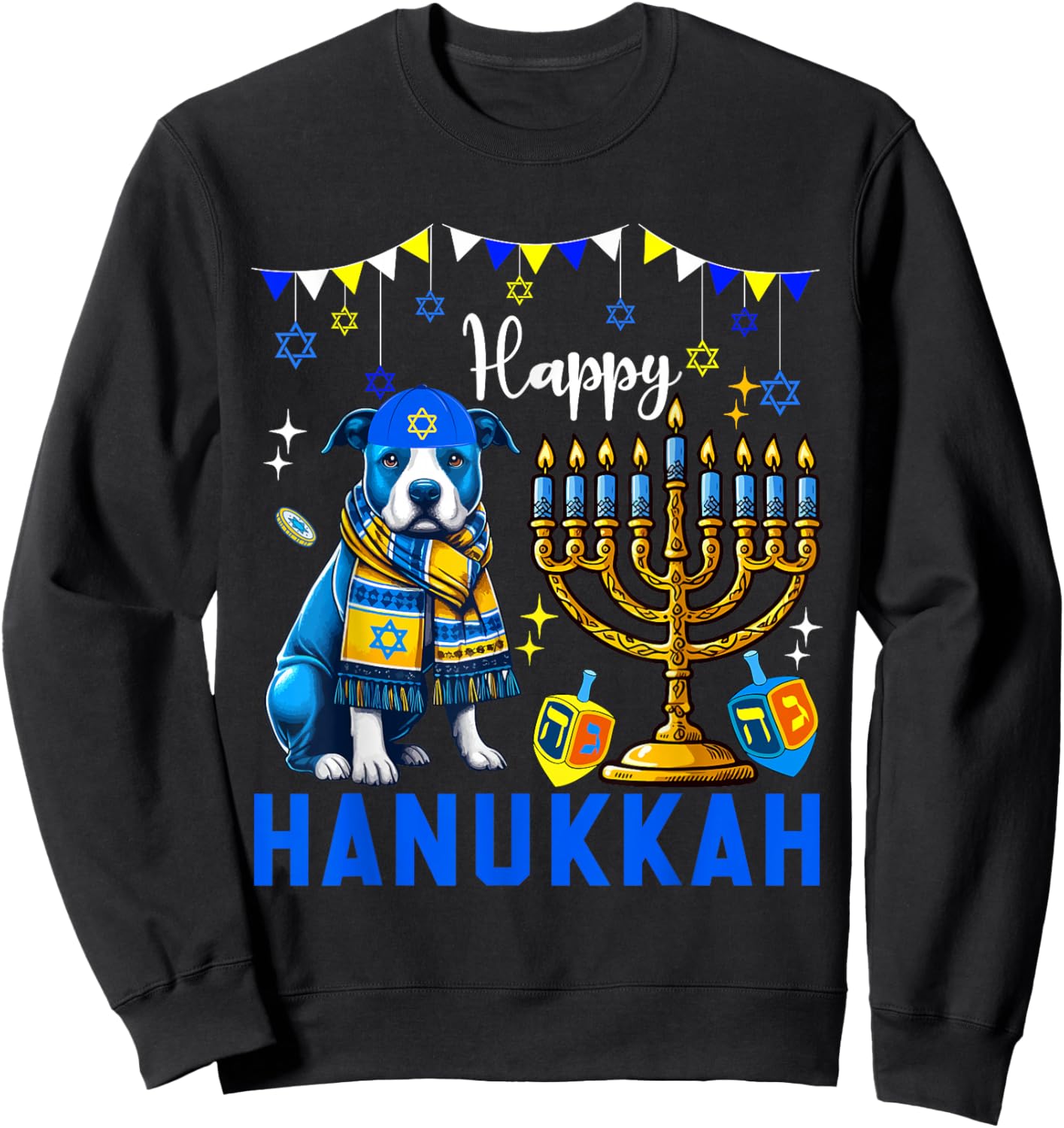 Happy Hanukkah Pit Bull Menorah Dreidel Dog Owner Lover Sweatshirt - Sweatshirt | Black