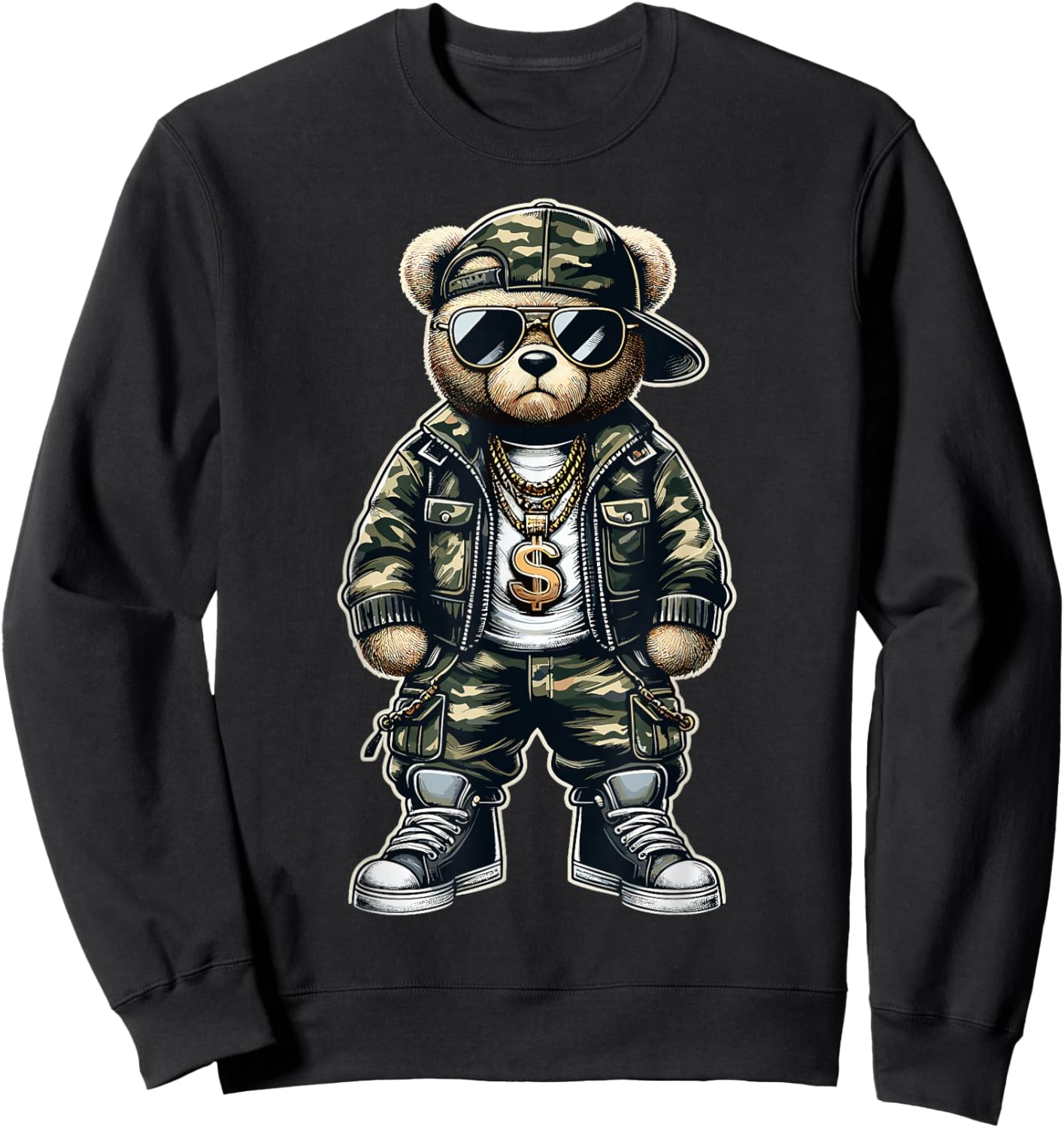 Camouflage Hip Hop Teddy Bear Sweatshirt - Sweatshirt | Black